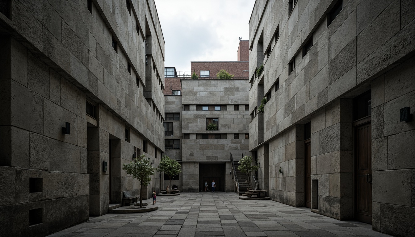 Prompt: Rough-hewn concrete walls, rugged stone textures, brutalist architecture, fortress-like structures, imposing monumental scale, dramatic shadows, harsh geometric lines, industrial materials, exposed ductwork, raw unfinished surfaces, urban cityscape, overcast sky, moody atmospheric lighting, high-contrast photography, 1/2 composition, symmetrical framing, gritty realistic render.