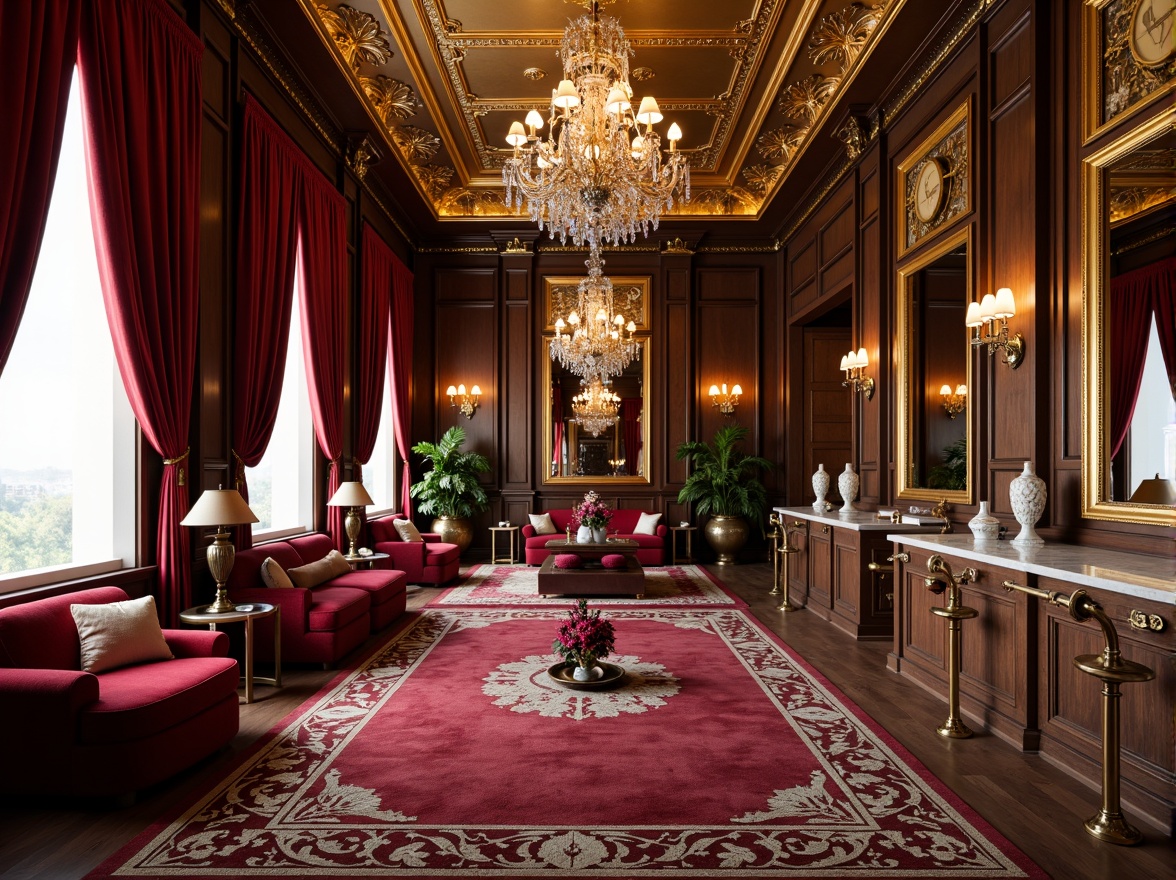 Prompt: Rich velvet drapes, ornate gold leafing, luxurious marble countertops, intricately carved wooden panels, lavish crystal chandeliers, plush crimson sofas, antique bronze fixtures, opulent patterned rugs, grandiose mirrors, dramatic coved ceilings, warm golden lighting, soft focus photography, 1/2 composition, shallow depth of field, realistic textures, ambient occlusion.