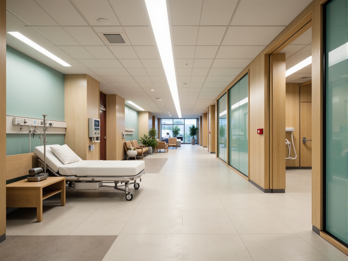 Prompt: Sterile hospital corridors, polished chrome handrails, soft LED lighting, calming pastel colors, natural wood accents, minimalist furniture, sleek glass partitions, antibacterial surfaces, modern medical equipment, stainless steel fixtures, comfortable patient rooms, warm beige tones, acoustic ceiling tiles, sound-absorbing materials, ergonomic seating, gentle ambient lighting, shallow depth of field, 1/1 composition, realistic reflections, subtle texture details.