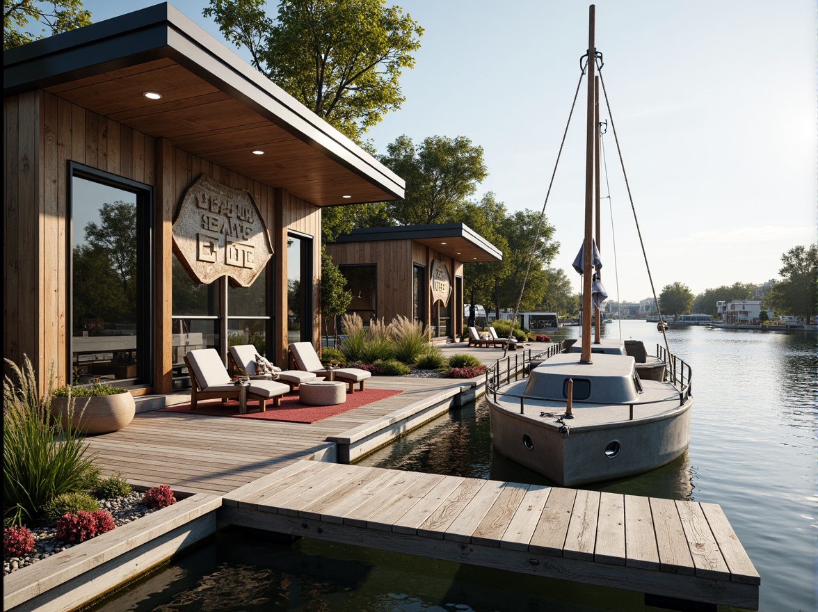 Prompt: Weathered wood accents, rustic metal cladding, nautical-themed decorations, waterfront location, serene lake views, sailboat-inspired design, modern boathouse architecture, large windows, sliding glass doors, wooden docks, rope railings, porthole windows, marine-grade materials, ocean-inspired color palette, sunny day, soft warm lighting, shallow depth of field, 3/4 composition, panoramic view, realistic textures, ambient occlusion.