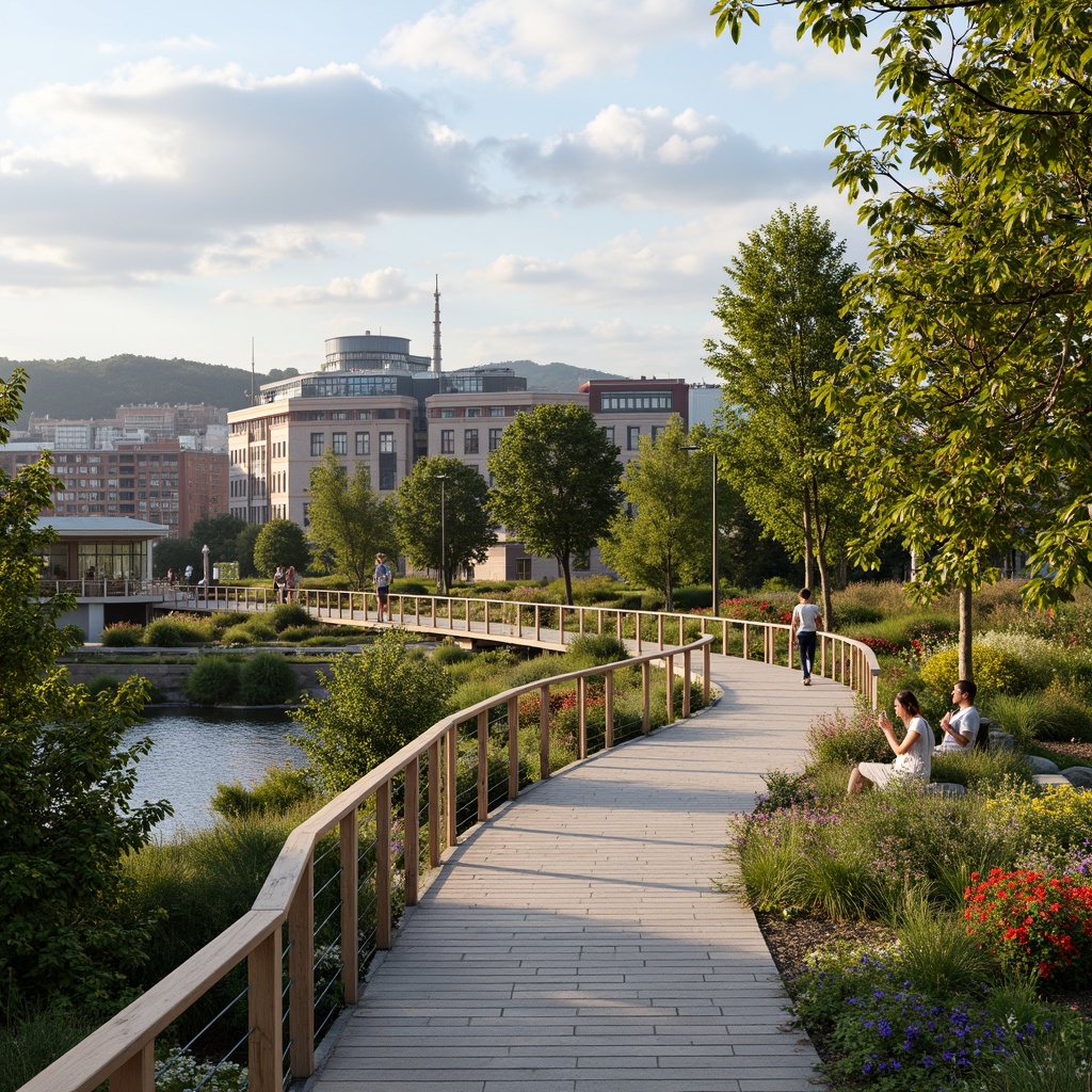 Prompt: Curved pedestrian bridge, lush greenery, vibrant flowers, natural stone walkways, wooden railings, modern architecture, sleek metal structures, glass floors, scenic city views, bustling urban atmosphere, soft warm lighting, shallow depth of field, 3/4 composition, panoramic view, realistic textures, ambient occlusion, integrated landscape design, native plant species, water features, public art installations, seating areas, accessible ramps, safety handrails.