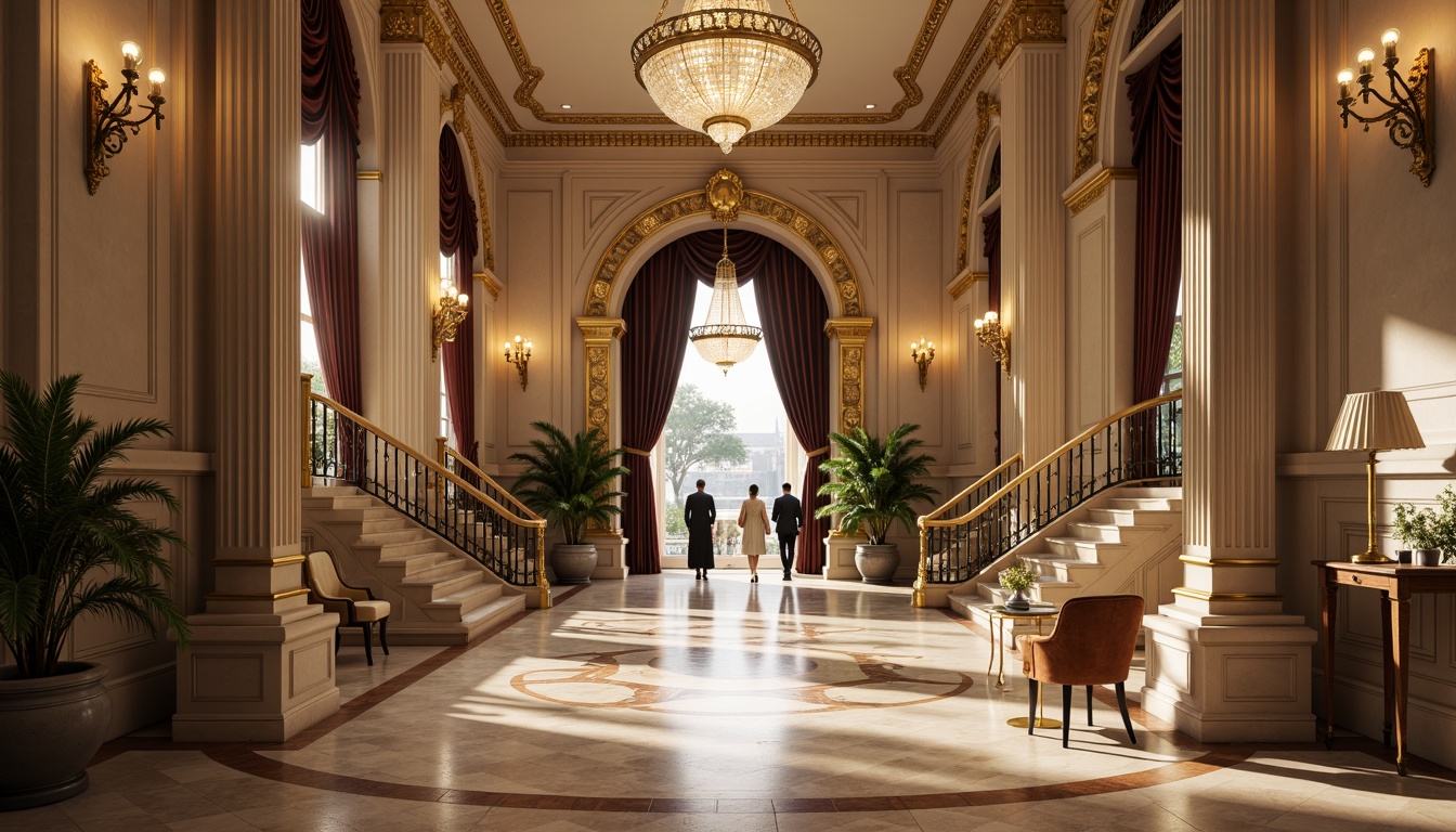 Prompt: Grand hotel entrance, neoclassical columns, ornate carvings, polished marble floors, crystal chandeliers, sweeping staircases, luxurious furnishings, velvet drapes, gold accents, intricate moldings, symmetrical composition, warm soft lighting, shallow depth of field, 1/1 aspect ratio, realistic textures, ambient occlusion.