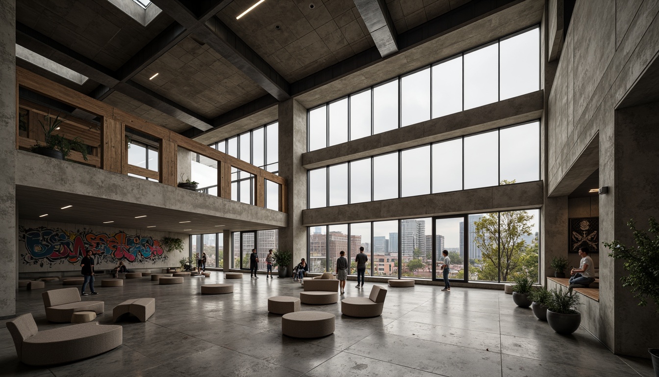 Prompt: Rugged community center, brutalist architecture, raw concrete walls, exposed ductwork, industrial metal beams, natural light pouring in, large skylights, clerestory windows, urban landscape views, gritty cityscape, overcast sky, soft diffused lighting, high contrast shadows, dramatic architectural forms, bold geometric shapes, functional minimalism, communal gathering spaces, reclaimed wood accents, weathered steel features, abstract graffiti art, moody atmospheric tones, cinematic composition, realistic textures, ambient occlusion.