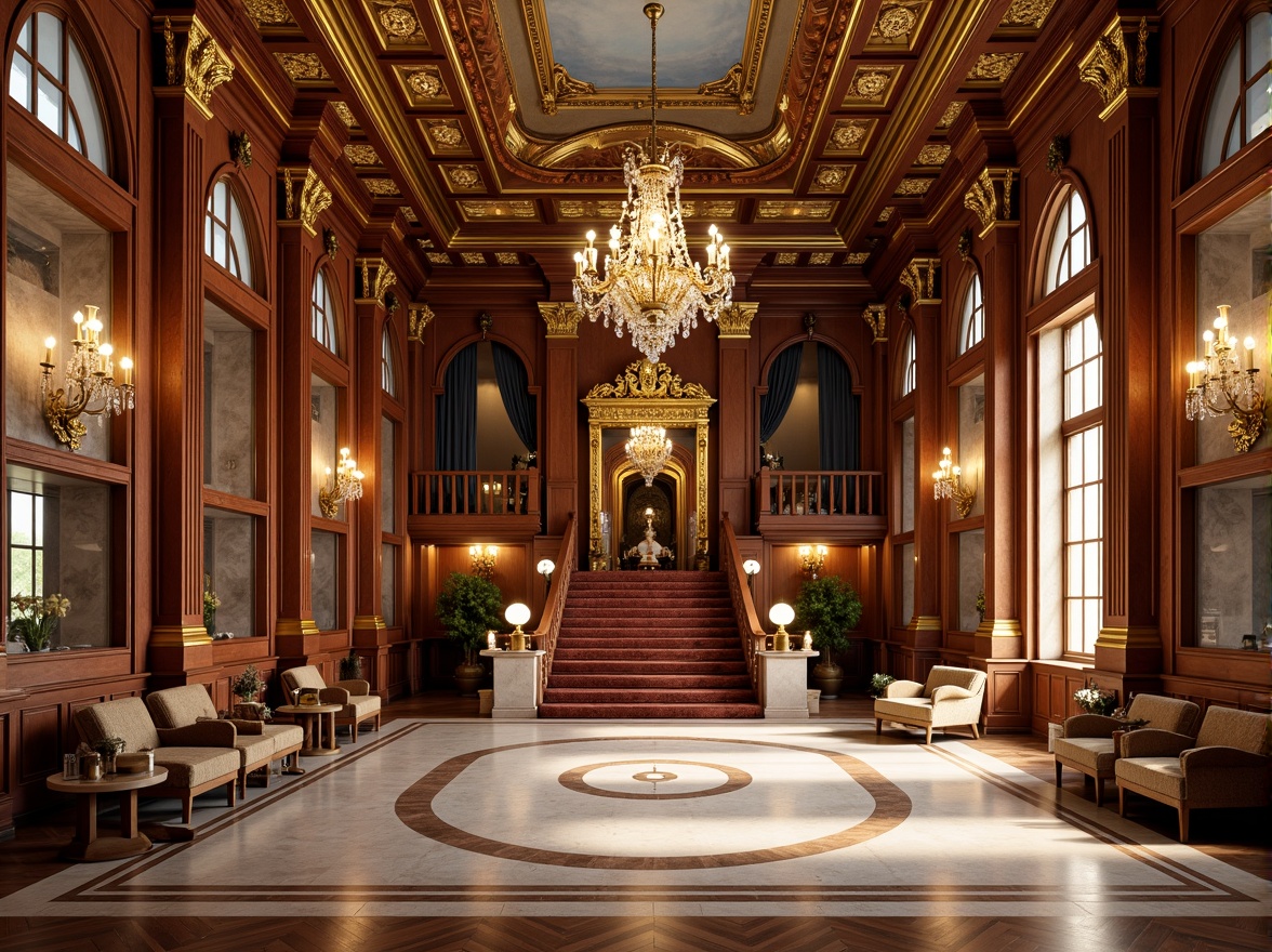 Prompt: Ornate gymnasium, rich wood paneling, gilded accents, intricate carvings, grand chandeliers, polished marble floors, ornamental mirrors, luxurious velvet drapes, regal throne-like seating, opulent crystal fixtures, dramatic archways, sweeping staircases, lavish fresco ceilings, warm golden lighting, soft focus photography, 1/2 composition, symmetrical framing, realistic reflections, ambient occlusion.