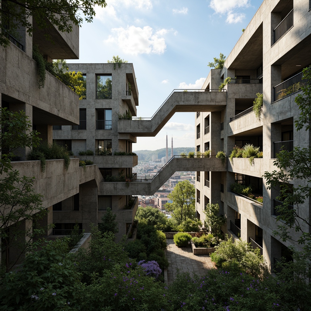 Prompt: Rugged brutalist buildings, raw concrete textures, fortress-like structures, overgrown vegetation, wildflowers, moss-covered walls, weathered steel beams, industrial materials, urban landscape integration, cityscape views, elevated walkways, cantilevered sections, dramatic shadows, harsh natural light, 1/1 composition, symmetrical framing, high-contrast colors, gritty realistic textures, ambient occlusion.