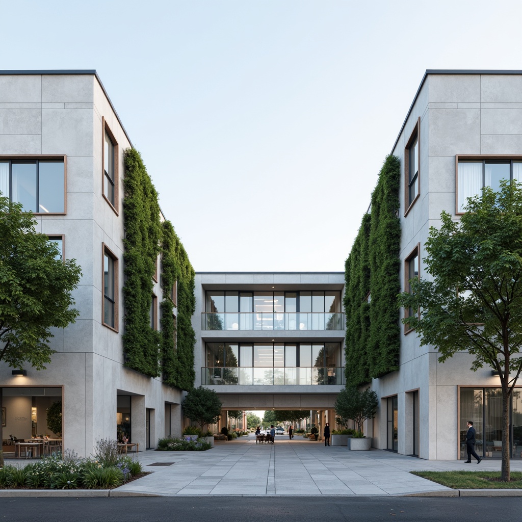 Prompt: Clean hospital facade, minimalist architecture, simple rectangular forms, flat roofs, neutral color palette, large glass windows, metal frames, subtle shading devices, vertical green walls, living walls, natural stone cladding, smooth concrete surfaces, hidden LED lighting, soft ambient illumination, 1/1 composition, symmetrical balance, realistic materials, subtle texture variations.