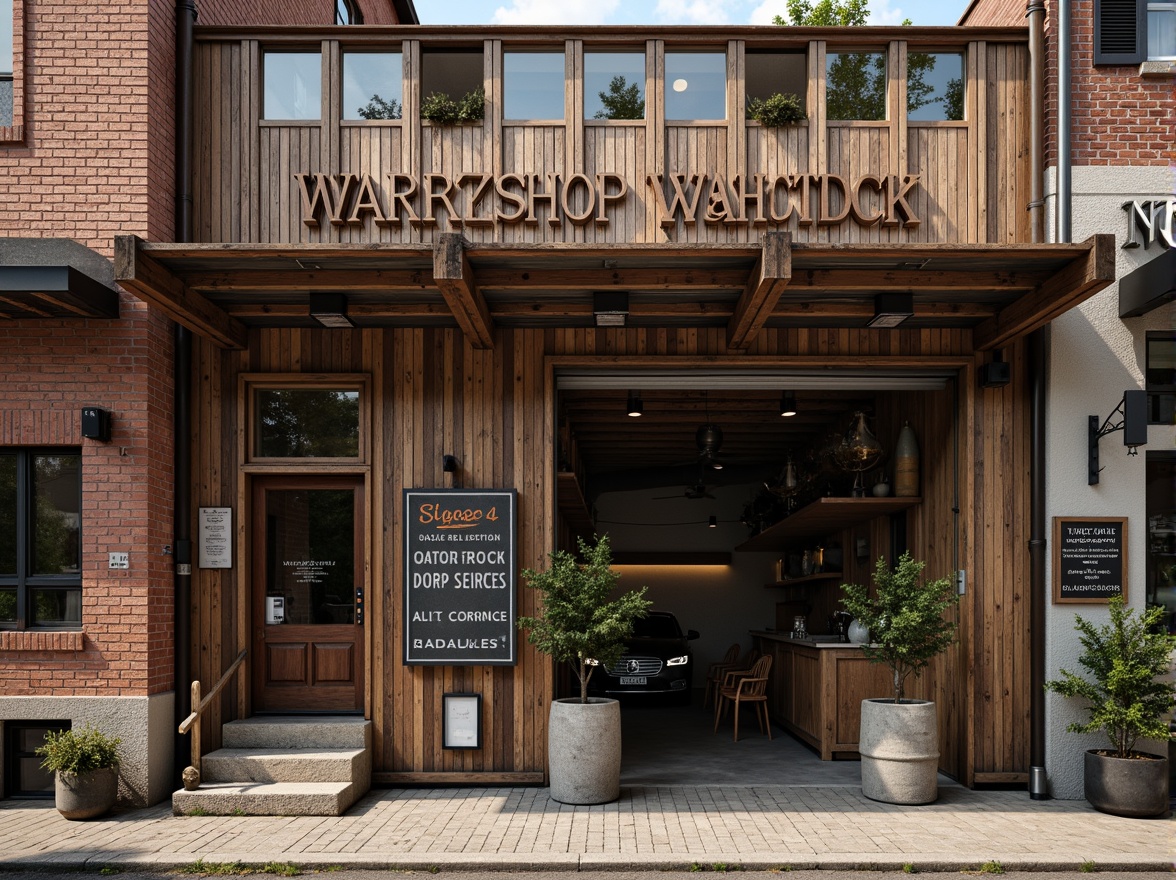 Prompt: Rustic workshop facade, distressed wooden planks, metal cladding, industrial-style windows, exposed brick walls, vintage signage, eclectic architectural details, warm earthy tones, natural stone foundations, overhanging roofs, asymmetrical composition, dramatic shadows, soft diffused lighting, 1/2 composition, realistic textures, ambient occlusion.