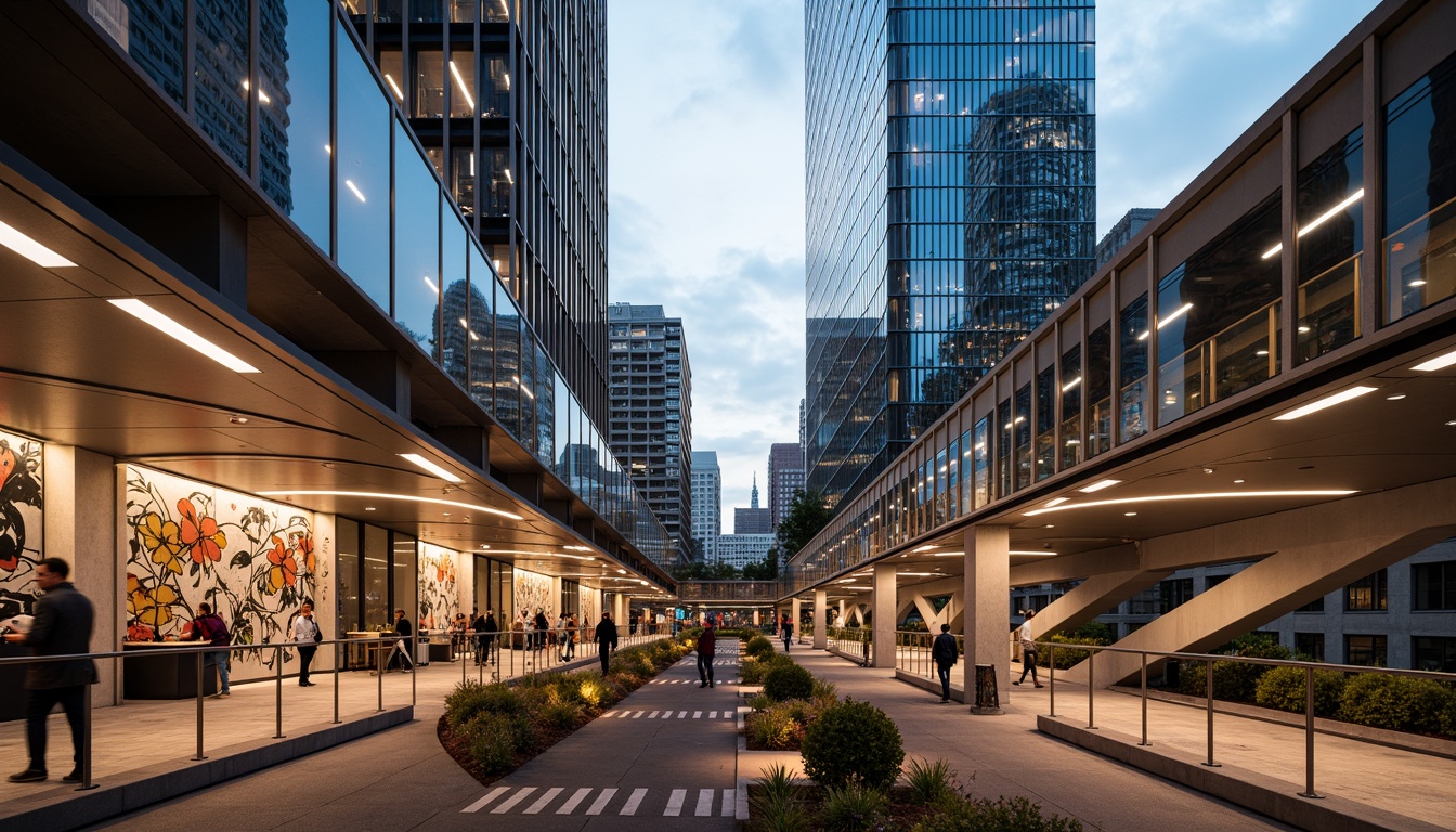 Prompt: Futuristic pedestrian bridge, sleek metal railings, translucent glass floors, LED lighting strips, dynamic arches, suspended walkways, urban cityscape, bustling streets, modern skyscrapers, vibrant street art, eclectic crowd, warm evening ambiance, soft golden lighting, shallow depth of field, 1/2 composition, realistic reflections, ambient occlusion, durable stainless steel, weathered wood accents, high-strength concrete piers, cantilevered sections, minimalist support columns.