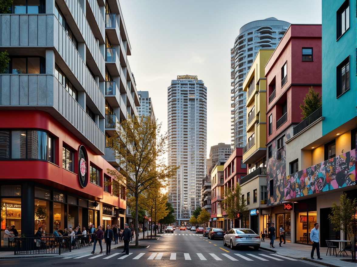 Prompt: Vibrant cityscape, modern skyscrapers, bold color blocking, contrasting hues, dynamic visual effects, urban energy, eclectic neighborhood, artistic murals, graffiti walls, trendy cafes, bustling streets, warm golden lighting, shallow depth of field, 1/1 composition, realistic textures, ambient occlusion.