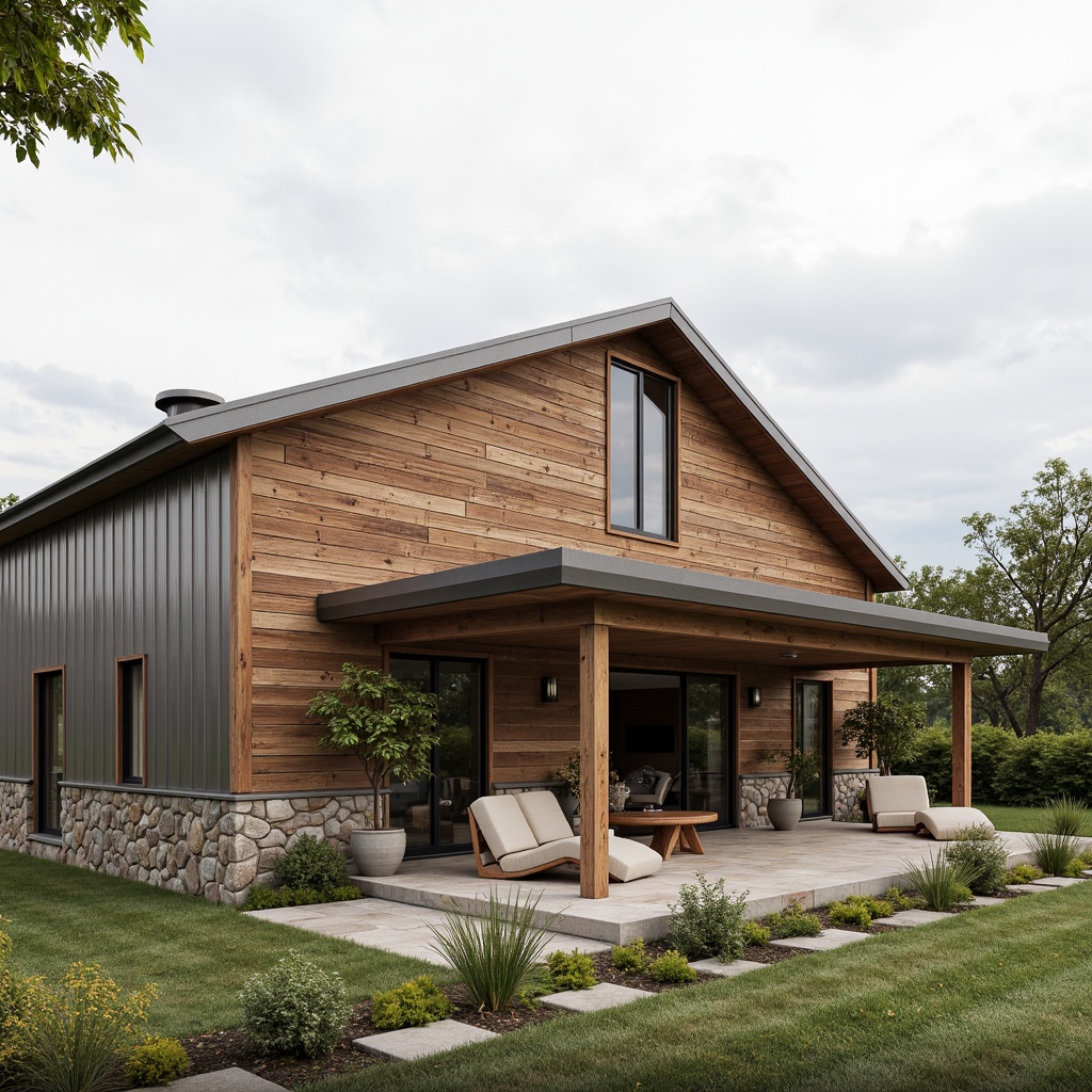 Prompt: Rustic barn, streamlined modern facade, horizontal wooden planks, corrugated metal roofing, industrial-style windows, sliding glass doors, natural stone foundation, minimalist ornamentation, earthy color palette, weathered wood accents, rural landscape, serene countryside, overcast sky, soft diffused lighting, shallow depth of field, 2/3 composition, symmetrical framing, realistic textures, ambient occlusion.