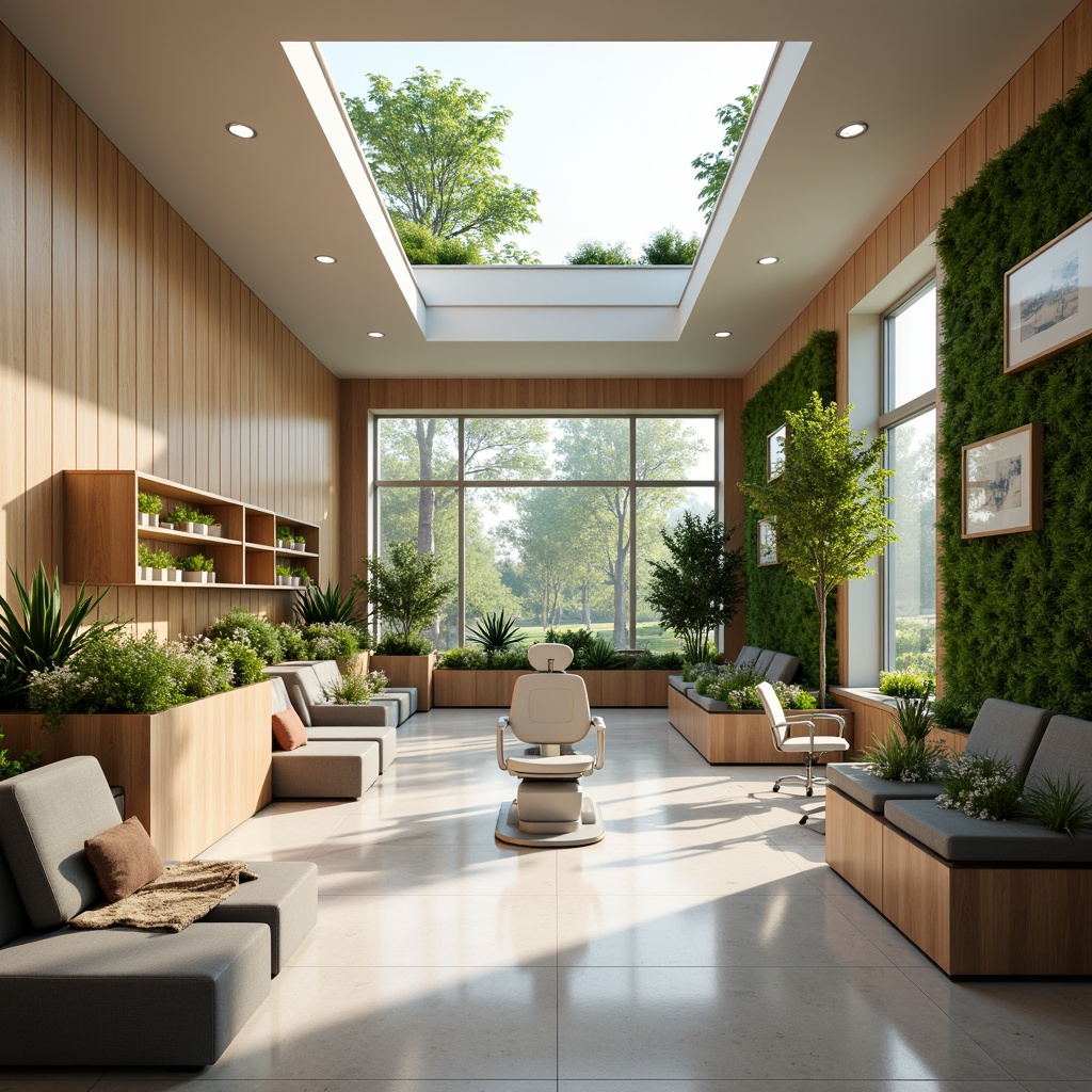 Prompt: Spacious dental clinic, natural ventilation systems, large windows, clerestory windows, skylights, green roofs, living walls, air-purifying plants, calming ambiance, soft diffused lighting, warm beige tones, minimalist decor, ergonomic furniture, stainless steel equipment, modern dental chairs, gentle color scheme, soothing atmosphere, shallow depth of field, 1/1 composition, realistic textures, ambient occlusion.