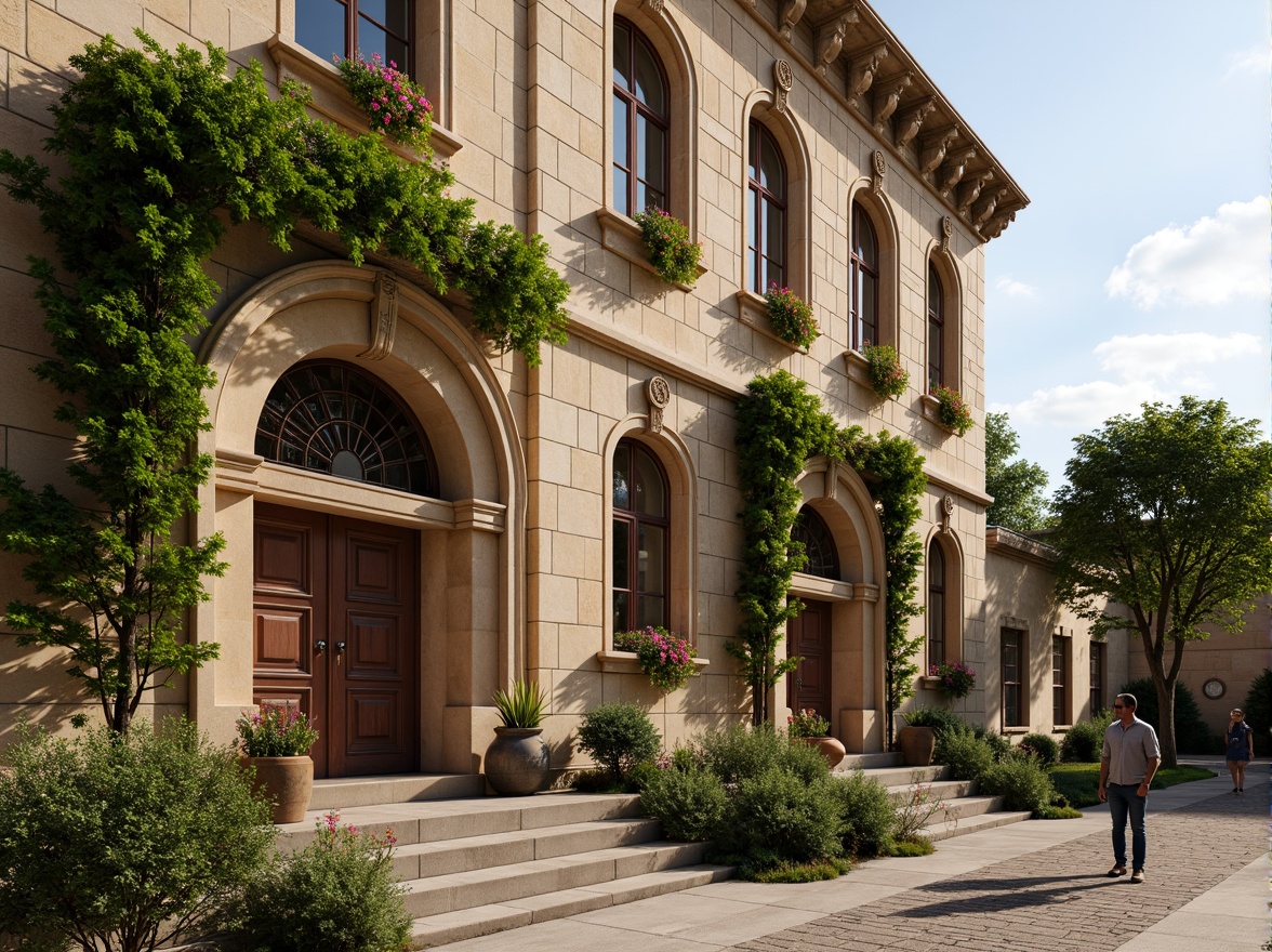 Prompt: Rustic university building, Romanesque style architecture, ornate stone carvings, arched windows, grand entranceways, heavy wooden doors, intricate ironwork, weathered stone walls, lush green ivy, vibrant flower boxes, decorative cornices, classical columns, warm beige stonework, soft afternoon lighting, shallow depth of field, 1/2 composition, realistic textures, ambient occlusion.