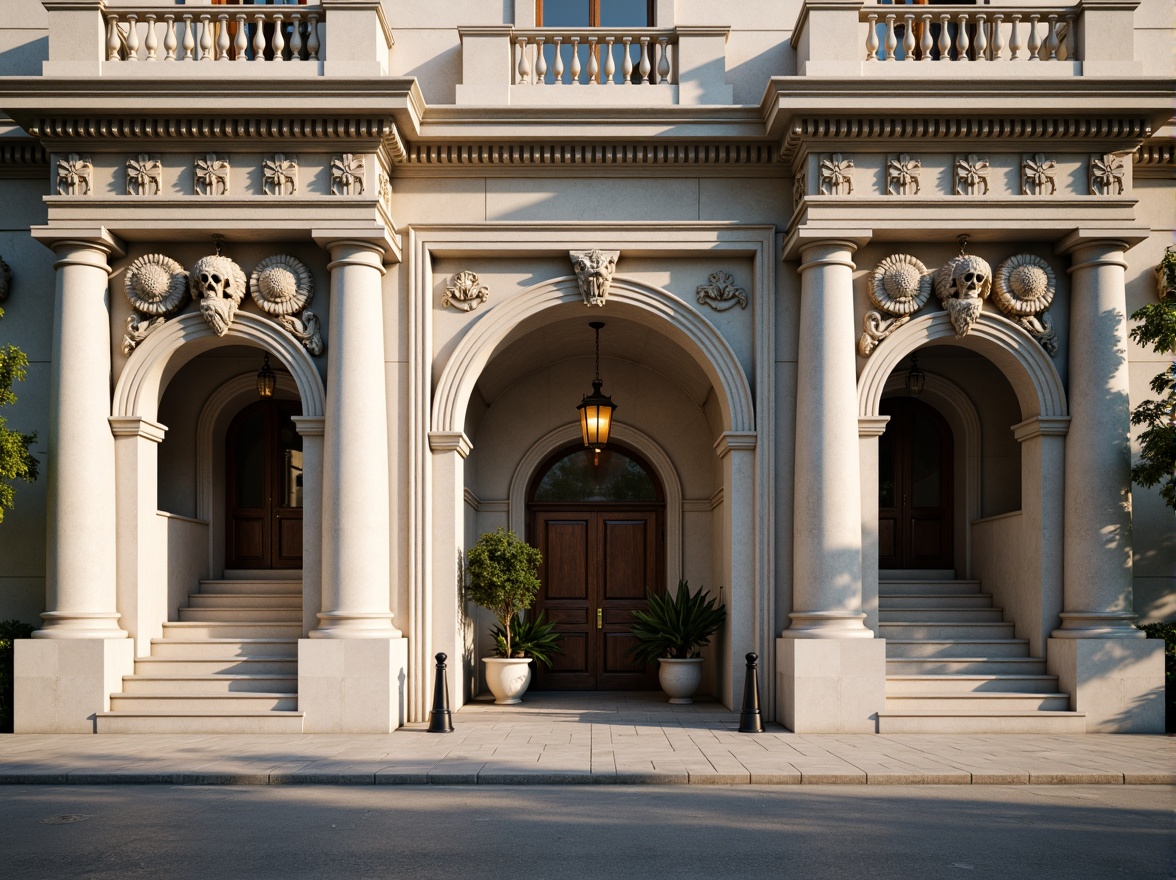 Prompt: Grandiose building facade, ornate columns, intricately carved details, symmetrical composition, classical proportions, limestone or marble materials, subtle color palette, soft natural light, warm afternoon ambiance, shallow depth of field, 2/3 composition, realistic textures, ambient occlusion, ornamental balustrades, decorative friezes, sculpted pediments, grand entranceways, sweeping staircases, elegant archways, refined moldings, luxurious ornamentation.