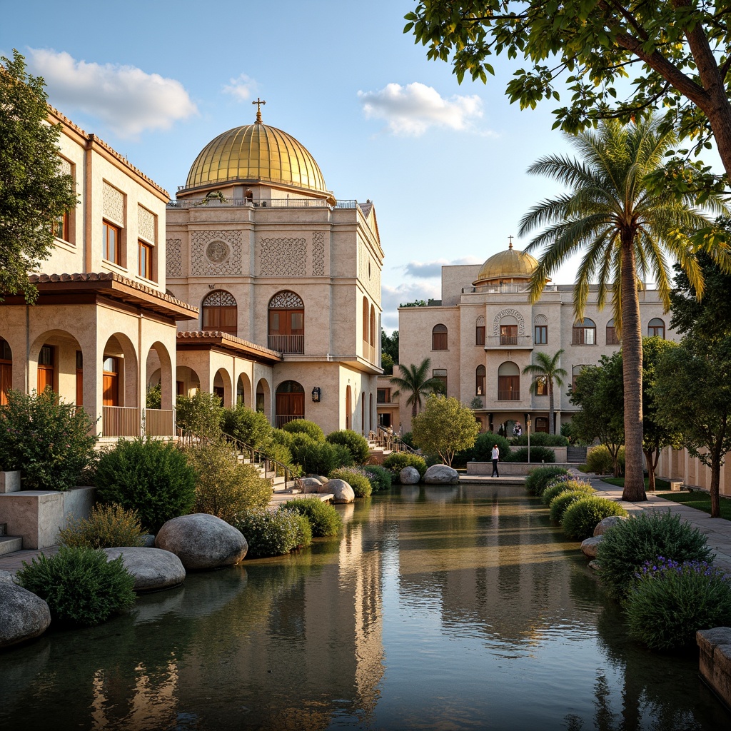 Prompt: Majestic Byzantine-style buildings, intricately carved stone facades, golden domes, ornate mosaics, lush greenery, blooming flowers, serene water features, meandering pathways, rustic stone walls, ancient olive trees, warm Mediterranean sunlight, soft warm lighting, shallow depth of field, 3/4 composition, panoramic view, realistic textures, ambient occlusion.