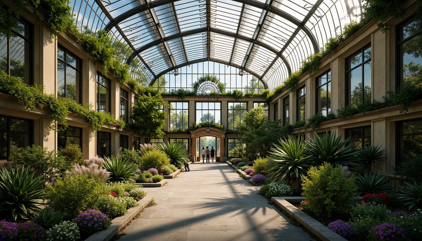 Prompt: Elegant greenhouse, lush greenery, ornate iron frames, Victorian-era inspired architecture, grand entranceways, symmetrical facades, rustic stone walls, curved glass roofs, natural ventilation systems, misting irrigation systems, tropical plants, exotic flowers, soft warm lighting, shallow depth of field, 1/1 composition, panoramic view, realistic textures, ambient occlusion, serene atmosphere, peaceful ambiance.