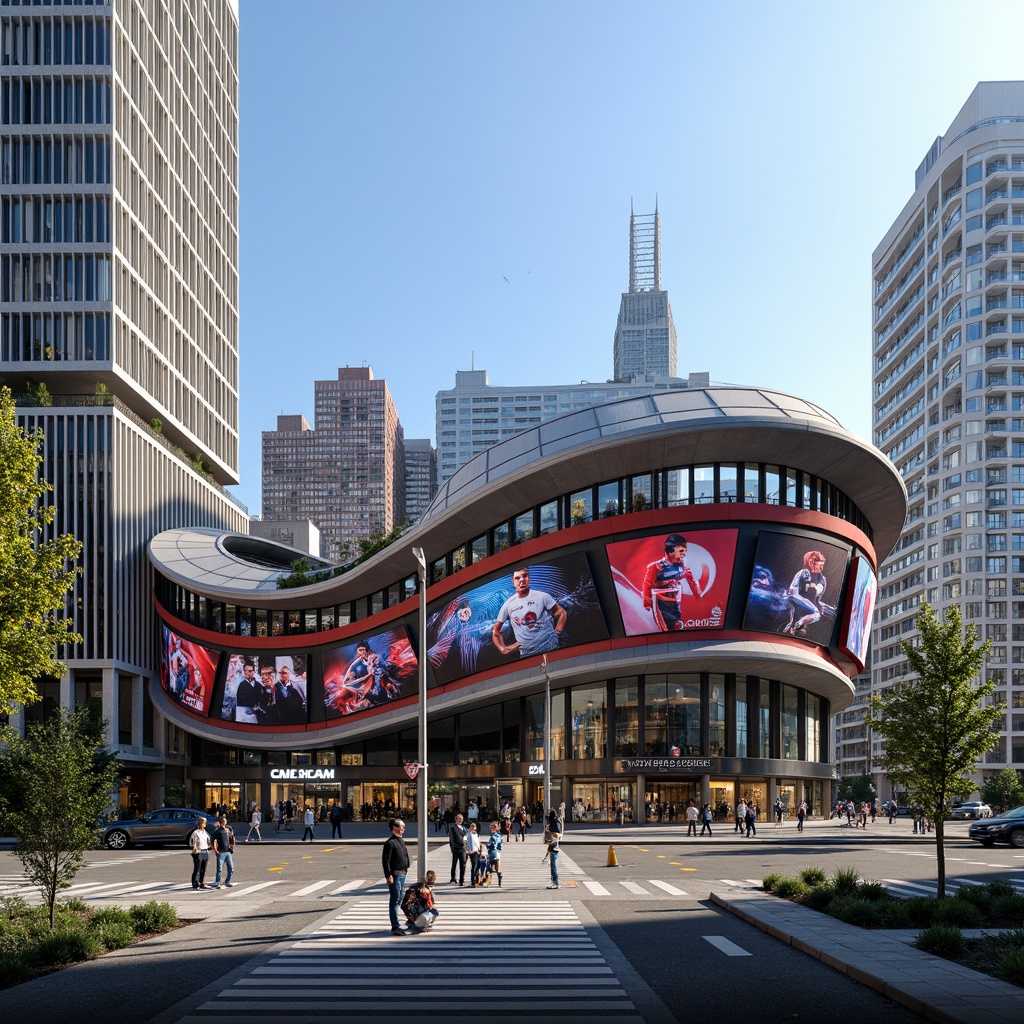 Prompt: Dynamic soccer stadium facade, undulating curves, parametric design, LED light installations, vibrant team colors, sleek metal cladding, transparent glass walls, cantilevered roofs, grand entrance archways, urban cityscape backdrop, bustling streets, modern skyscrapers, sunny afternoon, dramatic shadowing, high-contrast lighting, 1/2 composition, symmetrical framing, realistic reflections, ambient occlusion.