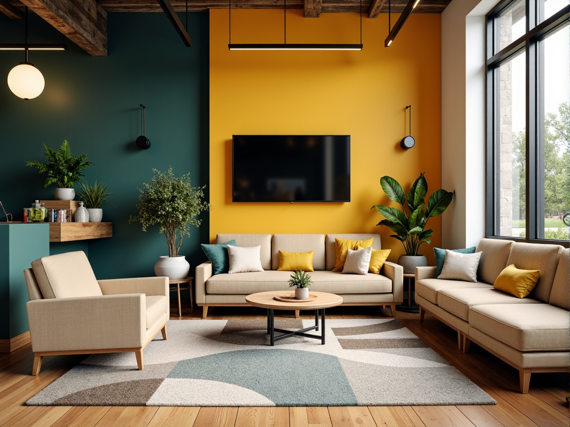 Prompt: Vibrant student lounge, bold accent walls, warm beige furniture, rich wood tones, calming blue-green hues, natural textiles, industrial metal accents, modern minimalist decor, cozy reading nooks, comfortable seating areas, abundant natural light, soft warm lighting, 1/1 composition, realistic textures, ambient occlusion.