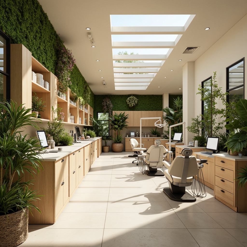 Prompt: Spacious dental clinic, natural ventilation systems, large windows, clerestory windows, skylights, green roofs, living walls, air-purifying plants, calming ambiance, soft diffused lighting, warm beige tones, minimalist decor, ergonomic furniture, stainless steel equipment, modern dental chairs, gentle color scheme, soothing atmosphere, shallow depth of field, 1/1 composition, realistic textures, ambient occlusion.