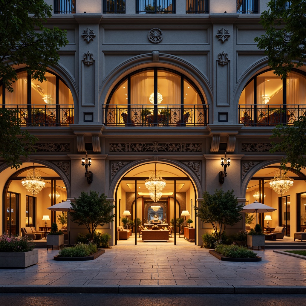 Prompt: Grand hotel entrance, ornate columns, symmetrical facade, rusticated base, arched windows, balconies with intricate metalwork, neoclassical details, luxurious materials, marble floors, crystal chandeliers, opulent furnishings, lavish decor, warm golden lighting, shallow depth of field, 1/1 composition, realistic textures, ambient occlusion, urban cityscape, busy streets, vibrant nightlife, evening atmosphere.