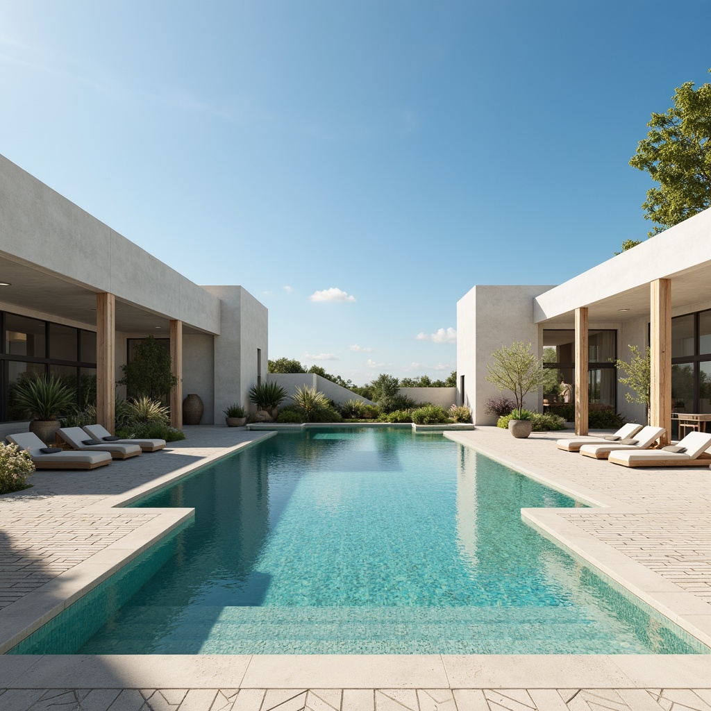 Prompt: Symmetrical pool shape, angular lines, modern minimalist design, sleek concrete surfaces, turquoise water, geometric patterned tiles, stepped platforms, cantilevered decks, infinity edge, sunny day, soft warm lighting, shallow depth of field, 3/4 composition, panoramic view, realistic textures, ambient occlusion.