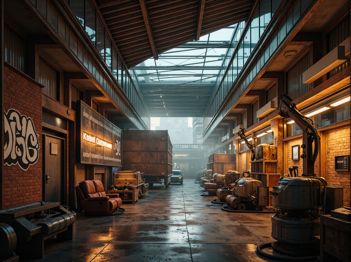 Prompt: Industrial warehouse, exposed brick walls, metallic beams, reclaimed wood accents, neon lights, futuristic machinery, robotic arms, cyberpunk-inspired graffiti, urban cityscape, misty atmosphere, warm golden lighting, shallow depth of field, 1/2 composition, cinematic view, realistic textures, ambient occlusion, rusty metal cladding, corrugated iron sheets, transparent glass roofs, cantilevered structures, angular lines, minimalist design, innovative materials, high-tech gadgets.