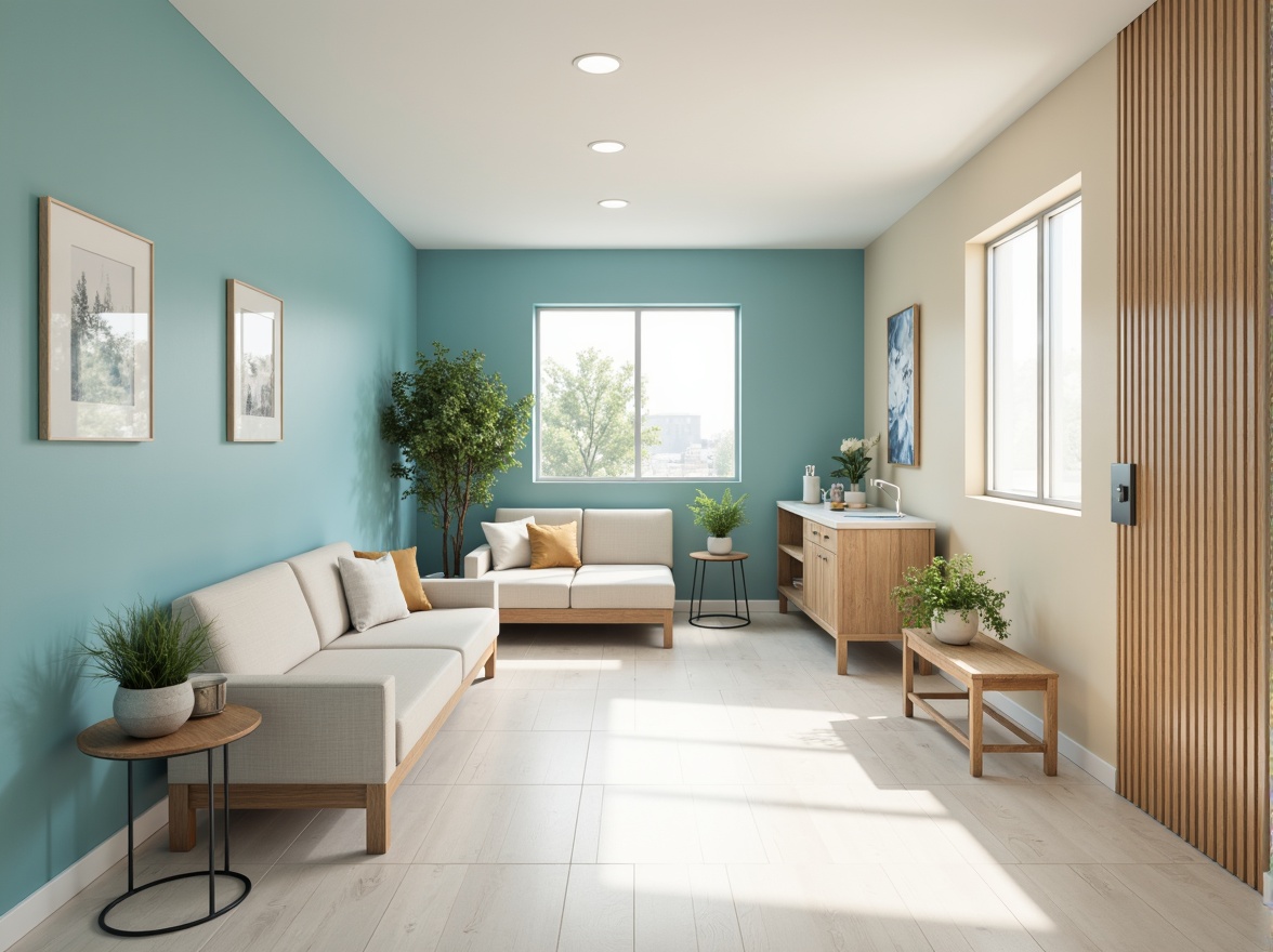 Prompt: Calming medical clinic, soothing color scheme, pastel shades, gentle blues, whites, creams, warm beige tones, natural wood accents, comfortable waiting areas, modern medical equipment, sterile environments, soft indirect lighting, 1/2 composition, shallow depth of field, realistic textures, ambient occlusion.