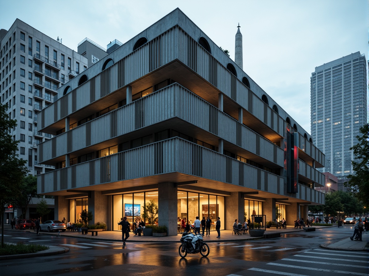 Prompt: Industrial laboratory building, constructivist architecture, brutalist concrete facade, geometric metal cladding, angular lines, minimalist design, functionalism emphasis, scientific equipment, futuristic details, neon lighting accents, urban cityscape background, overcast sky, dramatic shadows, high-contrast lighting, 1/1 composition, symmetrical framing, realistic materials, ambient occlusion.