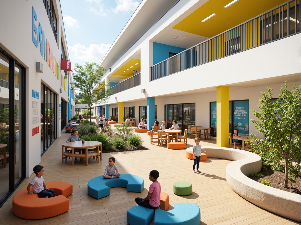 Prompt: Vibrant elementary school, modern streamline architecture, bold primary colors, bright yellow accents, calming blue tones, crisp white walls, polished wooden floors, sleek metal railings, minimalist design, abundant natural light, floor-to-ceiling windows, sliding glass doors, lush greenery, playful outdoor spaces, educational signage, inspirational quotes, motivational murals, collaborative learning areas, flexible seating arrangements, soft warm lighting, shallow depth of field, 3/4 composition, panoramic view, realistic textures, ambient occlusion.