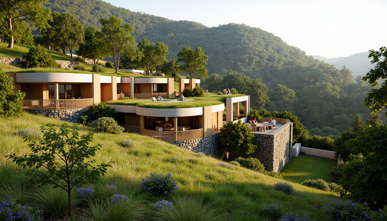 Prompt: Vibrant green roofs, lush vegetation, natural stone walls, reclaimed wood accents, earthy tone buildings, sustainable design, eco-friendly materials, organic shapes, curved lines, minimal ornamentation, soft warm lighting, shallow depth of field, 3/4 composition, panoramic view, realistic textures, ambient occlusion.