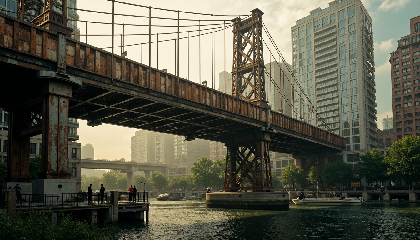 Prompt: Rustic steel bridges, industrial-era aesthetic, weathered metal textures, earthy tones, muted greens, blues and grays, warm golden lighting, misty atmospheric effects, dramatic shadows, 3/4 composition, cinematic view, realistic reflections, ambient occlusion, urban cityscape, riverbank setting, lush vegetation, natural stone piers, modern architectural elements, sleek cable systems.