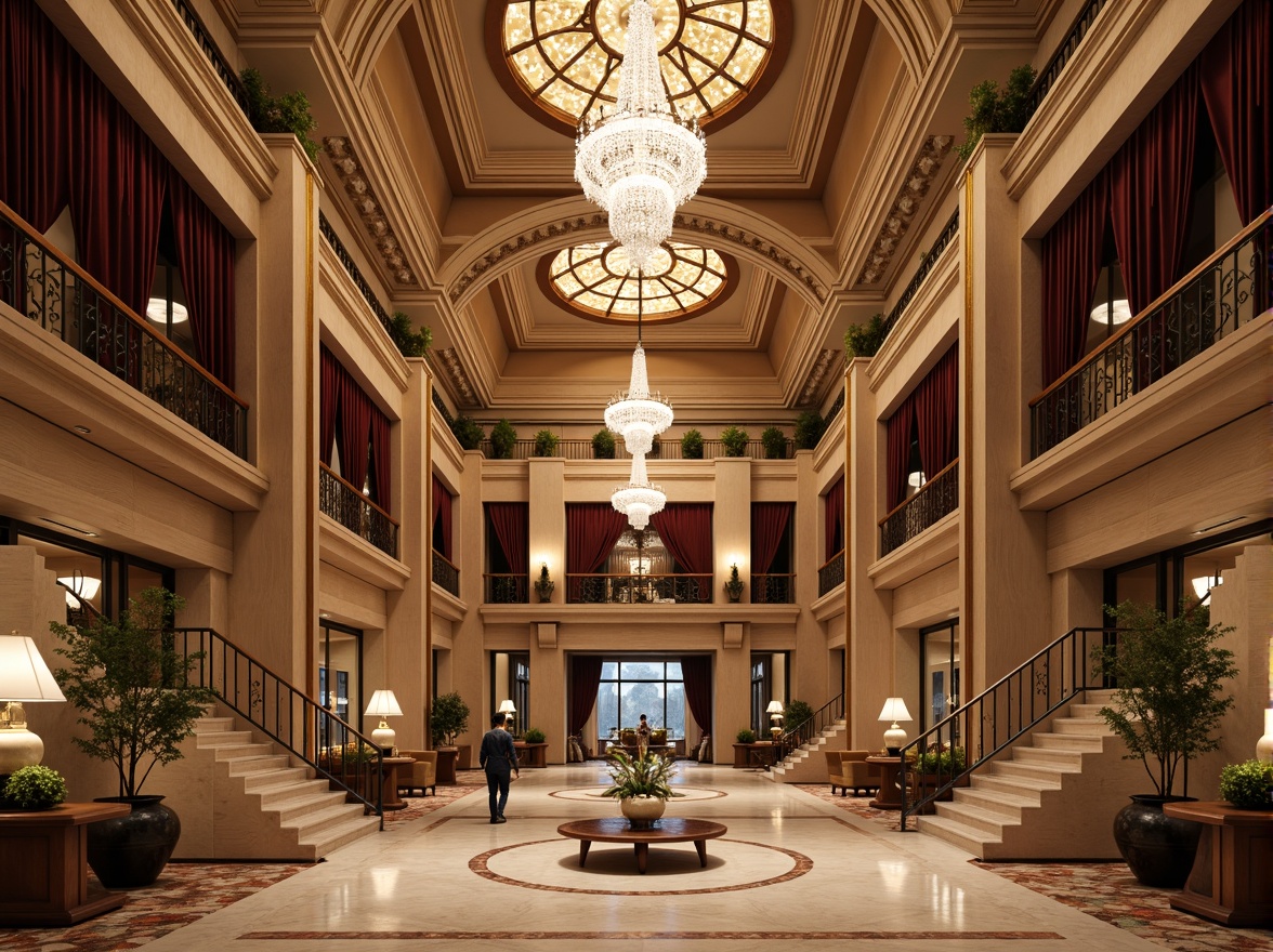 Prompt: Grand hotel lobby, high ceilings, ornate chandeliers, marble floors, symmetrical layout, classical columns, intricate moldings, luxurious furnishings, velvet drapes, golden accents, elegant staircases, spacious ballrooms, crystal chandeliers, refined wood paneling, sophisticated color palette, soft warm lighting, shallow depth of field, 1/1 composition, realistic textures, ambient occlusion.