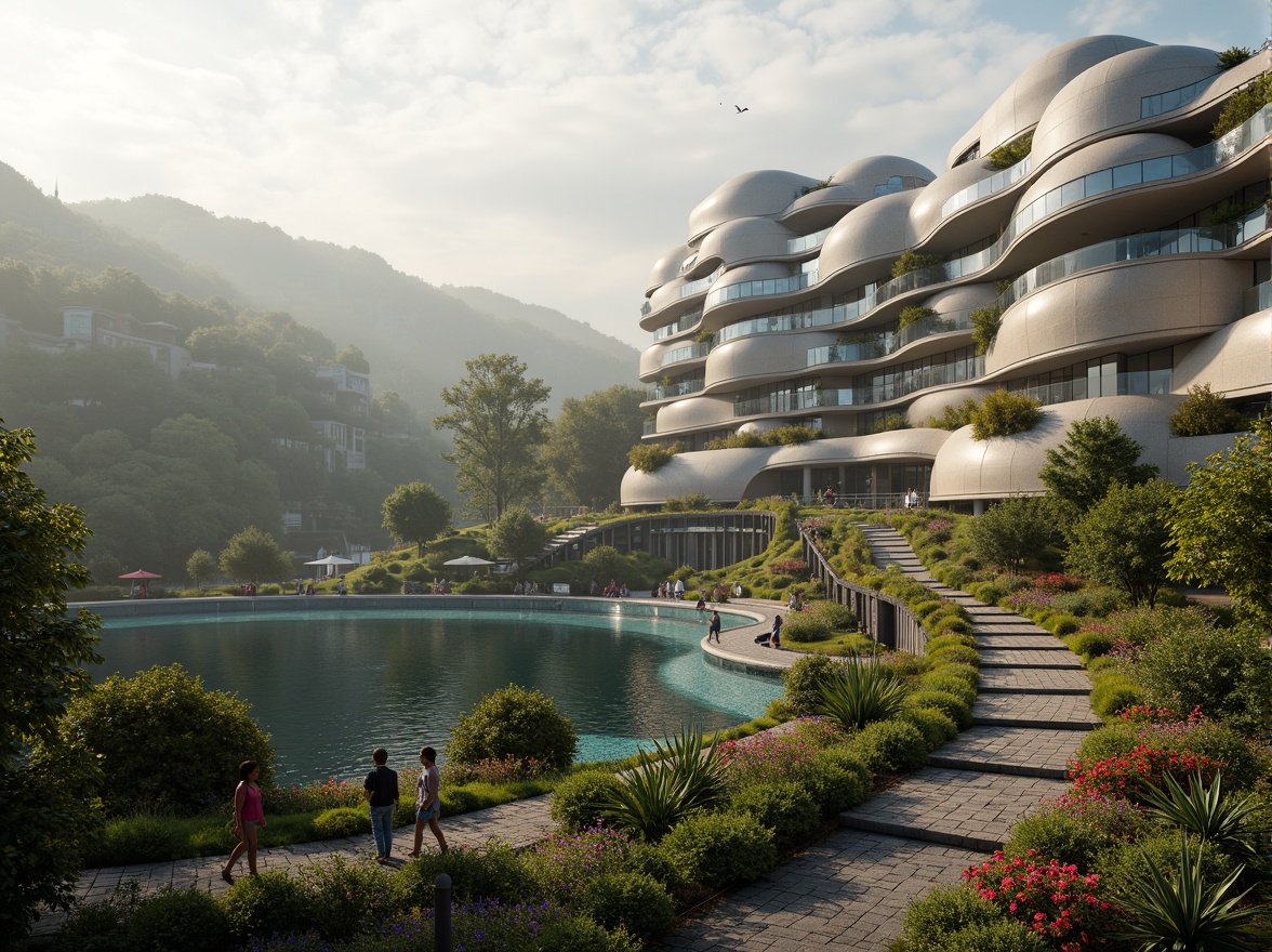 Prompt: Organic blob-shaped buildings, curved lines, futuristic architecture, iridescent colors, glossy surfaces, reflective materials, undulating landscapes, rolling hills, meandering paths, serene lakes, lush greenery, vibrant flowers, misty atmosphere, soft warm lighting, shallow depth of field, 3/4 composition, panoramic view, realistic textures, ambient occlusion, natural stone walkways, winding staircases, cantilevered structures, suspended gardens, water features, infinity pools, futuristic transportation systems.