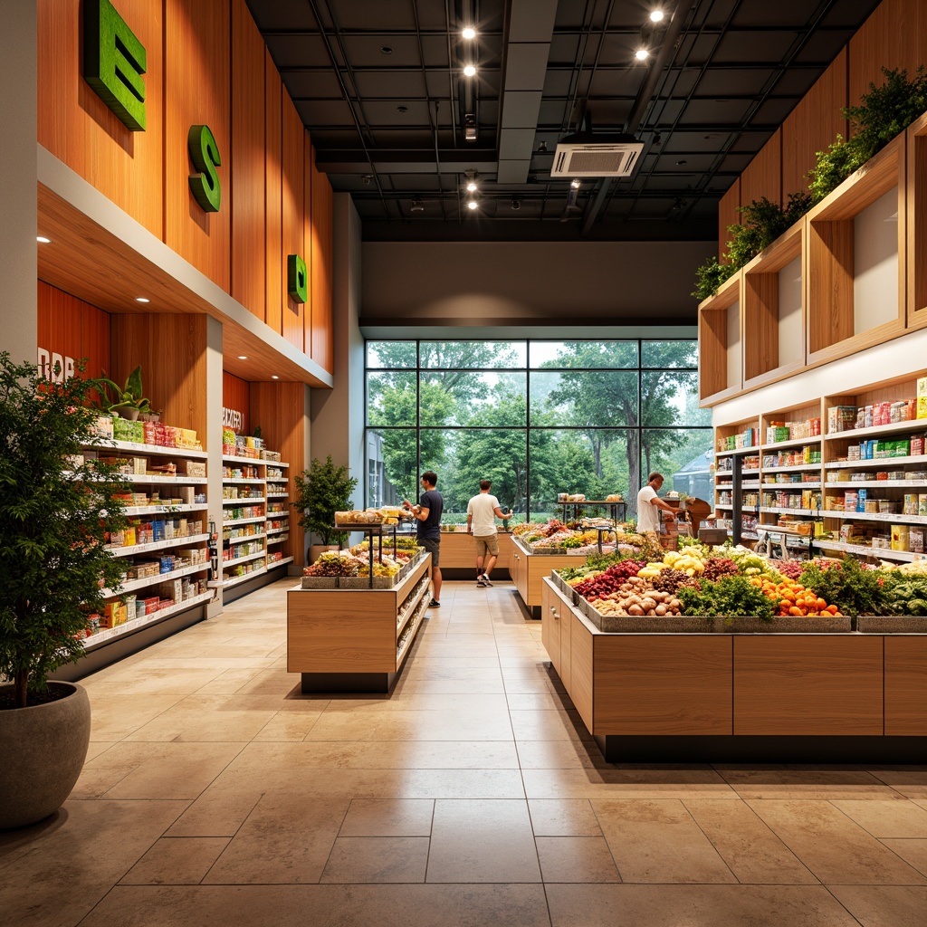 Prompt: Vibrant grocery store interior, warm beige walls, rich wood accents, fresh greenery, natural stone flooring, earthy terracotta tiles, bright LED lighting, colorful product displays, modern shelving units, sleek metal fixtures, bold signage, lively orange and yellow hues, calming blue tones, inviting atmosphere, shallow depth of field, 1/1 composition, realistic textures, ambient occlusion.