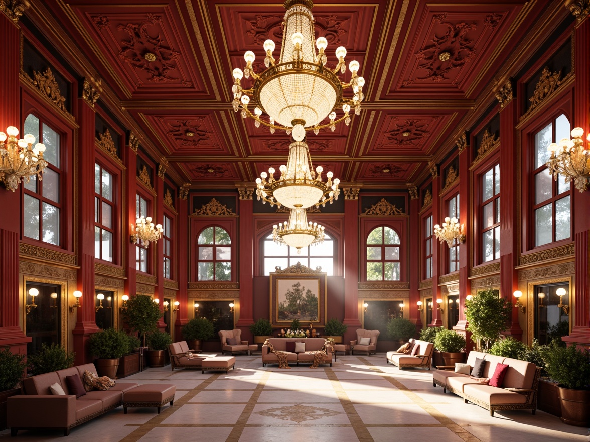 Prompt: Richly ornamented gymnasium, Baroque-inspired architecture, grandiose chandeliers, intricate moldings, lavish furnishings, bold color palette, deep red accents, luxurious gold trimmings, creamy white marble floors, ornate mirrors, dramatic lighting effects, high-contrast shadows, warm atmospheric glow, 1/1 composition, symmetrical framing, realistic textures, ambient occlusion.