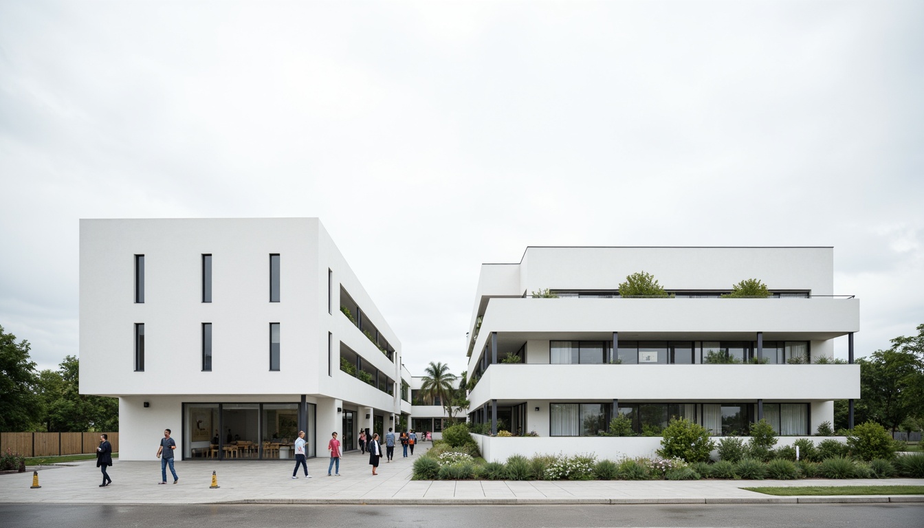 Prompt: Clean hospital facade, minimalist architecture, simple rectangular forms, flat roofs, neutral color palette, white walls, large windows, sliding glass doors, subtle metal frames, horizontal lines, minimal ornamentation, functional design, energy-efficient systems, green roofs, rainwater harvesting systems, natural ventilation, soft diffused lighting, 1/1 composition, realistic materials, ambient occlusion.