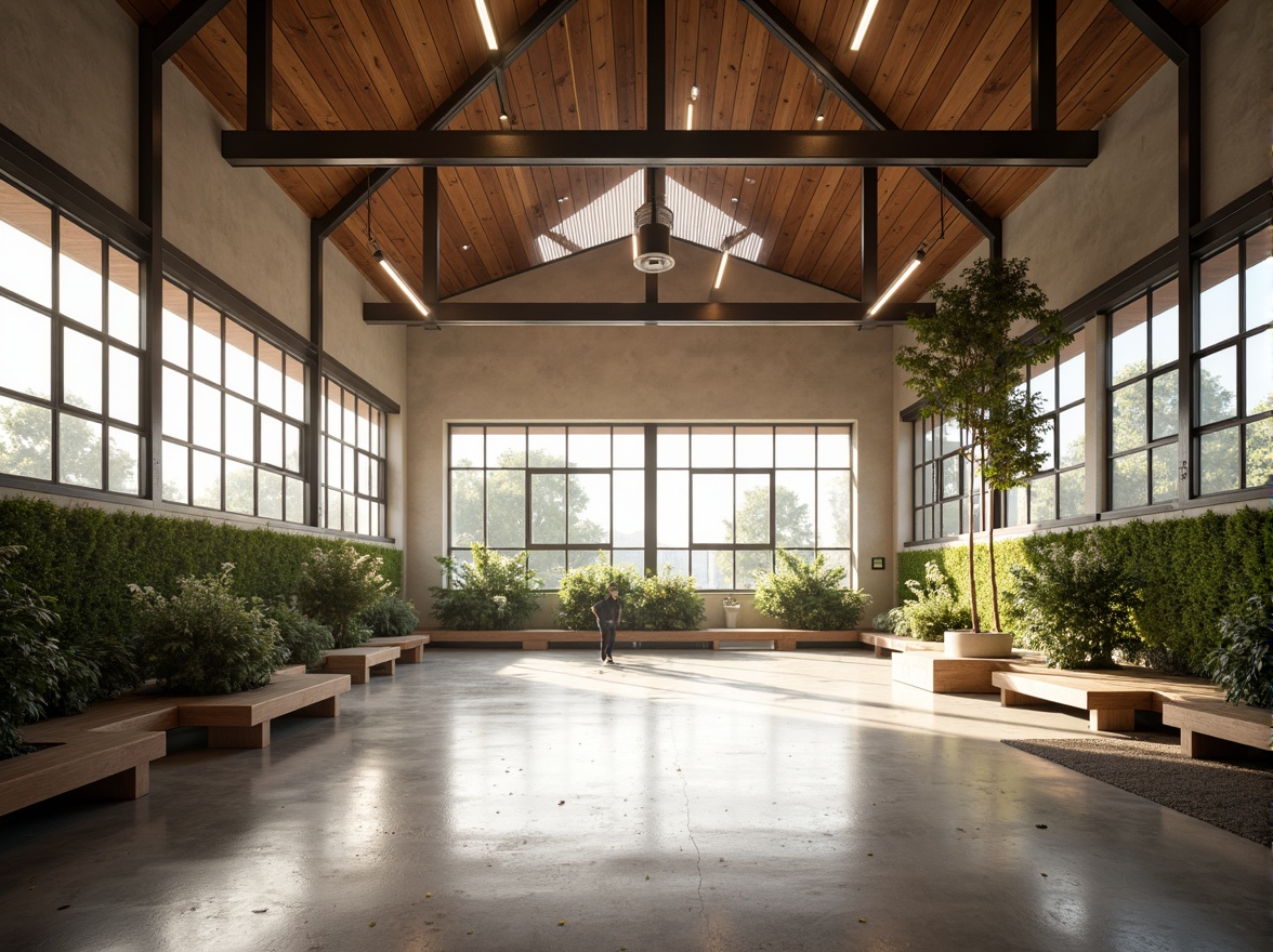 Prompt: Minimalist gymnasium interior, natural light pouring in, polished concrete floors, reclaimed wood accents, industrial metal beams, eco-friendly rubber flooring, energy-efficient LED lighting, recycled plastic benches, living green walls, air-purifying plants, calm atmosphere, soft warm glow, shallow depth of field, 1/1 composition, realistic textures, ambient occlusion.