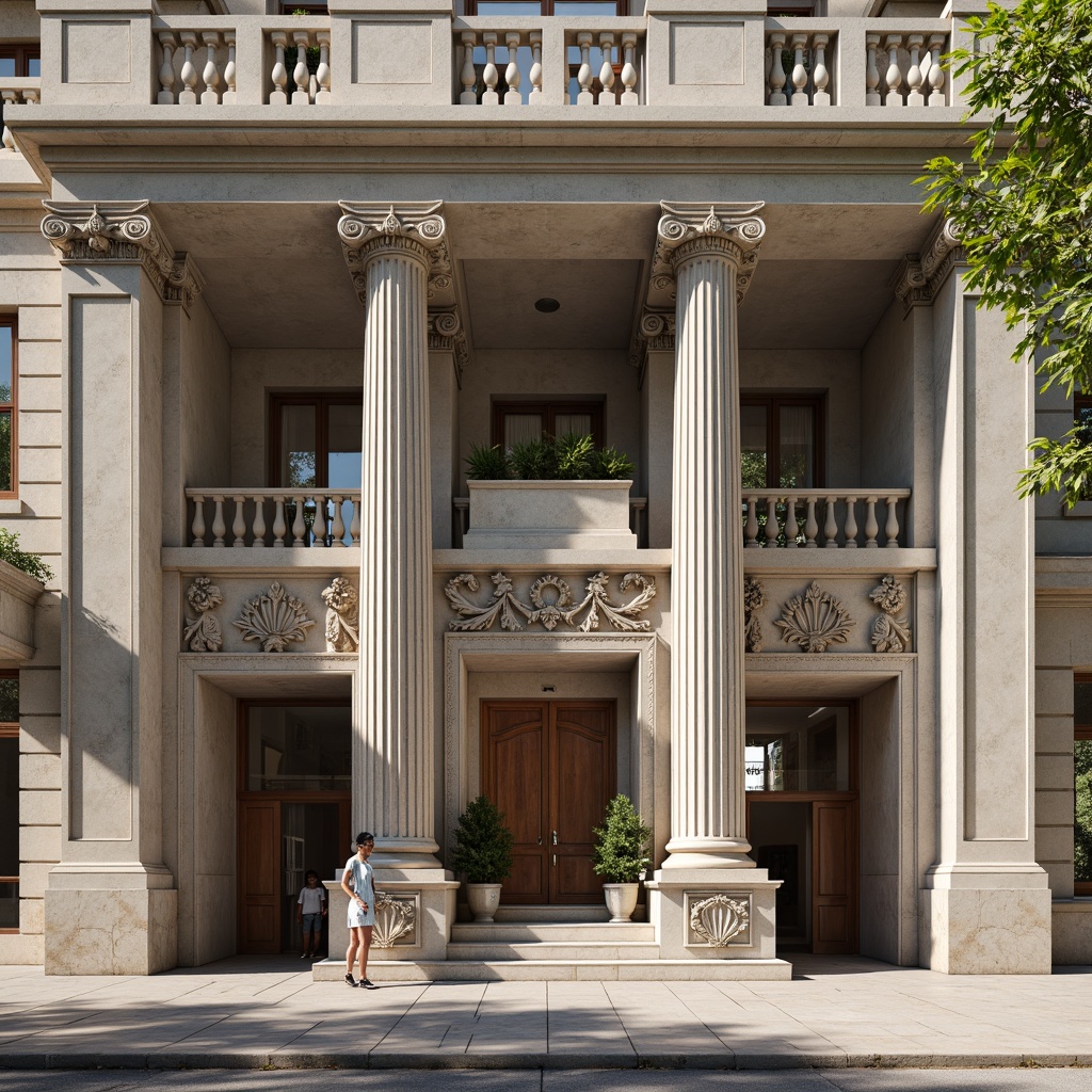 Prompt: Grandiose building facade, ornate columns, intricately carved details, symmetrical composition, classical proportions, limestone or marble materials, subtle color palette, soft natural light, warm afternoon ambiance, shallow depth of field, 2/3 composition, realistic textures, ambient occlusion, ornamental balustrades, decorative friezes, sculpted pediments, grand entranceways, sweeping staircases, elegant archways, refined moldings, luxurious ornamentation.