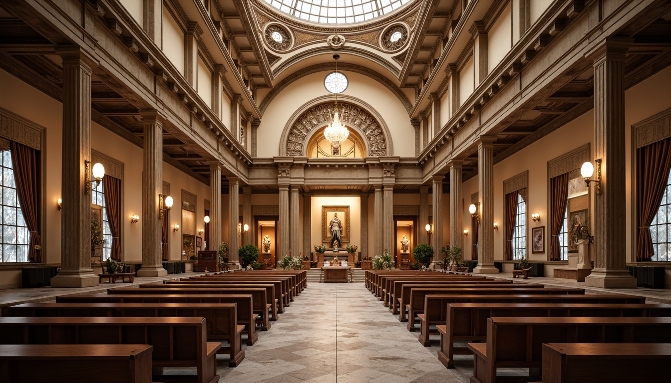 Prompt: Sacred temple, grand dome, intricate arches, ornate columns, lavish chandeliers, stained glass windows, serene ambiance, peaceful atmosphere, natural stone flooring, wooden pews, elegant altarpieces, devotional statues, soft warm lighting, shallow depth of field, 3/4 composition, symmetrical architecture, harmonious proportions, calming color palette, spiritual energy, mystical aura, sacred geometry, symbolic motifs, cultural heritage, reverent silence.