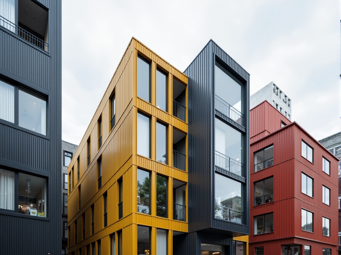 Prompt: Geometric building facade, rectangular forms, primary color scheme, industrial materials, steel frames, glass windows, minimalist ornamentation, functional simplicity, clean lines, right angles, asymmetrical composition, urban cityscape, cloudy sky, soft diffused lighting, shallow depth of field, 2/3 composition, realistic textures, ambient occlusion.