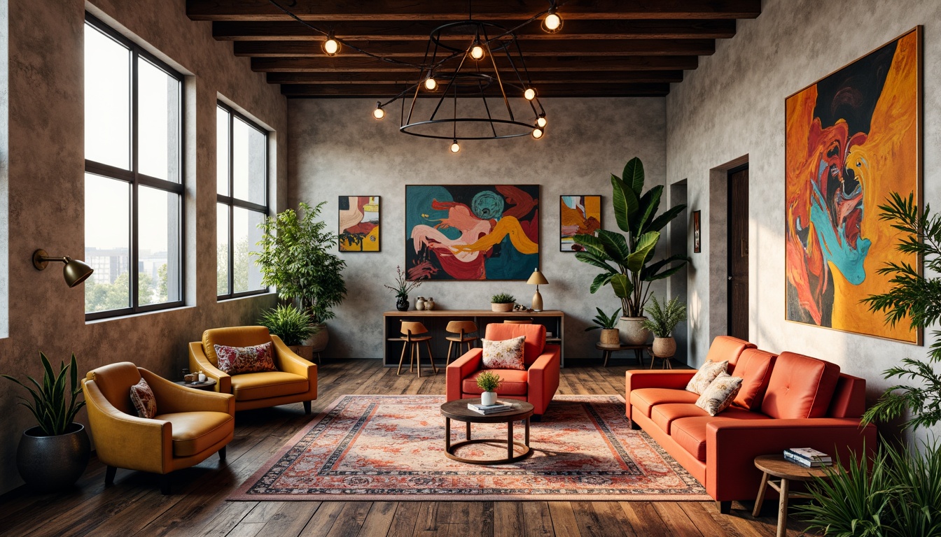 Prompt: Vibrant artistic studio, eclectic furniture, bold color blocking, contrasting textures, abstract artwork, statement lighting fixtures, industrial metal accents, reclaimed wood floors, bohemian-inspired rugs, natural stone walls, oversized windows, soft warm glow, shallow depth of field, 1/1 composition, realistic renderings, ambient occlusion.