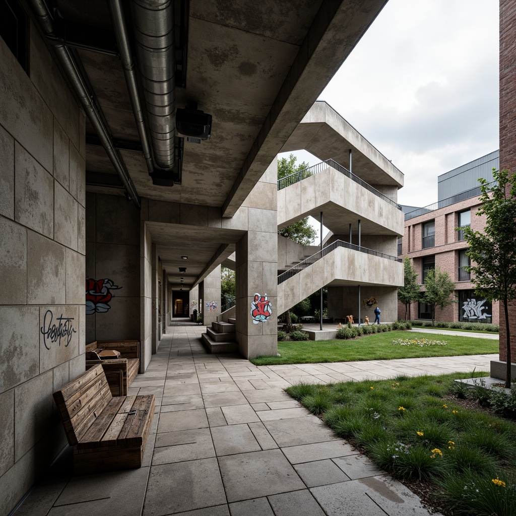 Prompt: Rough-hewn concrete walls, exposed ductwork, industrial metal beams, brutalist campus buildings, rugged stone pathways, weathered wooden benches, distressed brick facades, raw poured-in-place concrete, bold geometric forms, dramatic cantilevered structures, harsh overhead lighting, deep shadows, high-contrast textures, abstract graffiti, urban landscape, overcast skies, moody atmospheric conditions, cinematic composition, gritty realistic rendering.