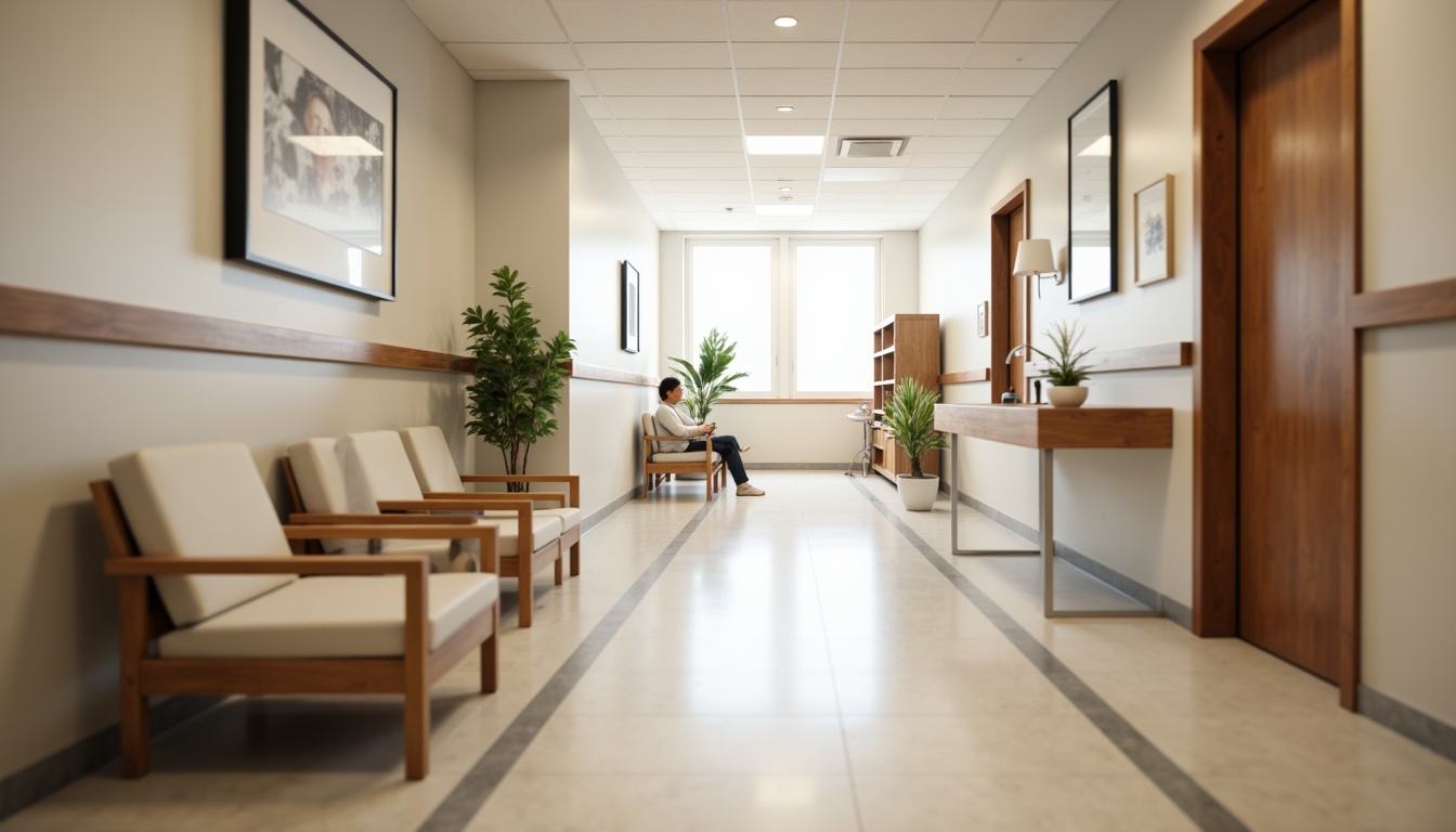 Prompt: Clean hospital corridors, minimalist decor, neutral color palette, natural light, sleek metal handrails, wooden accents, simple furniture, comfortable patient rooms, soft cushioned chairs, calm atmosphere, subtle textures, ambient lighting, shallow depth of field, 1/1 composition, realistic render, modern medical equipment, stainless steel surfaces, sterile environments, peaceful waiting areas, green plants, warm beige tones, gentle color transitions.