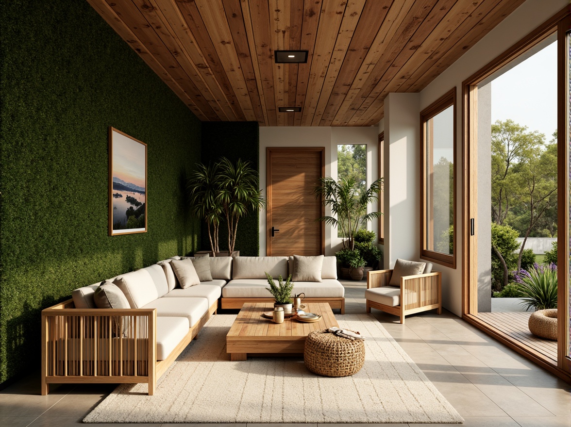 Prompt: Earthy tones, reclaimed wood accents, living green walls, organic shapes, natural stone flooring, bamboo textures, woven rattan furniture, eco-friendly materials, sustainable architecture, minimalist design, abundant natural light, soft warm ambiance, shallow depth of field, 1/1 composition, realistic rendering, ambient occlusion.