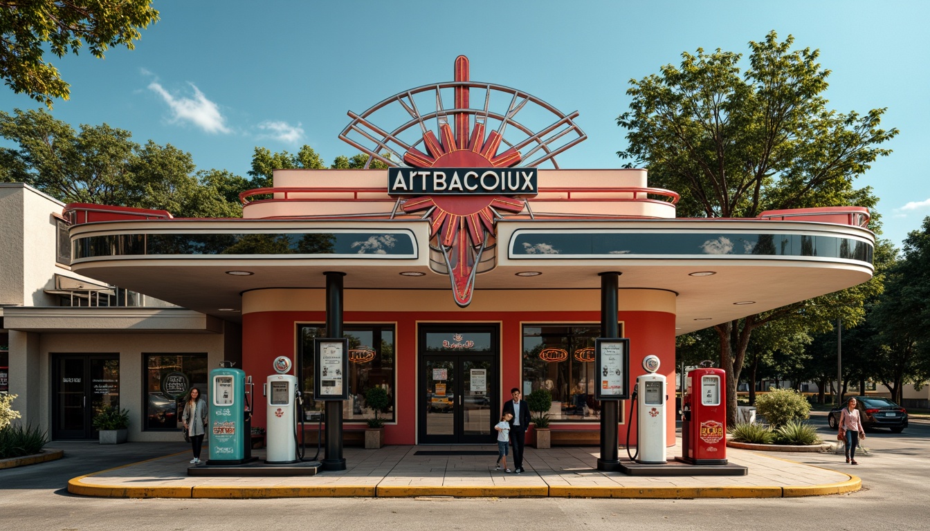 Prompt: Retro gas station, Art Deco signage, neon lights, bold typography, geometric patterns, metallic accents, vintage fuel pumps, curved lines, ornate details, bright colors, sunny day, shallow depth of field, 1/1 composition, realistic textures, ambient occlusion.