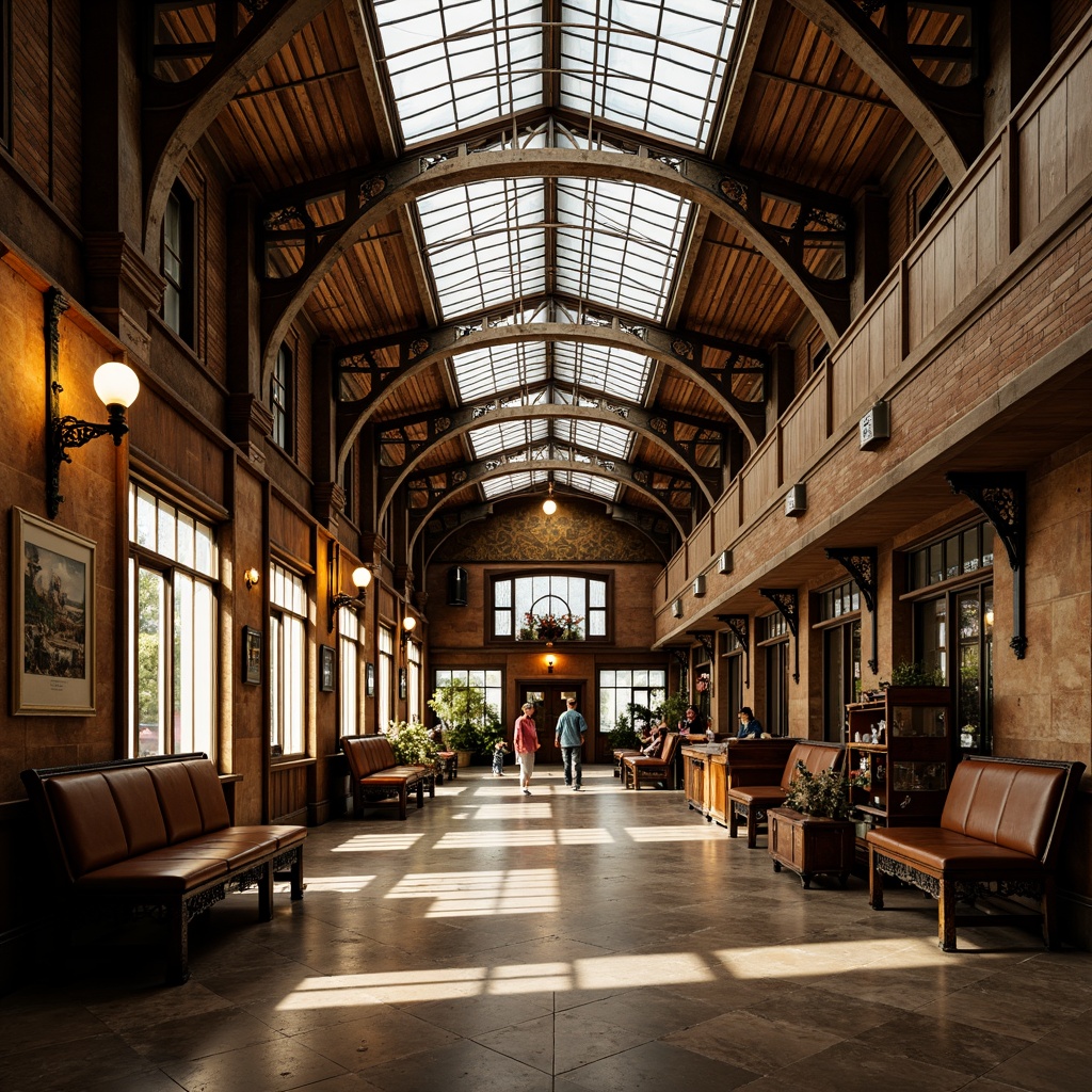 Prompt: Vintage train station, eclectic mix of materials, distressed wood accents, ornate metal fixtures, stained glass ceilings, intricate mosaics, rustic brick walls, polished marble floors, industrial steel beams, reclaimed wooden benches, antique luggage racks, ornamental chandeliers, warm golden lighting, shallow depth of field, 1/1 composition, realistic textures, ambient occlusion.