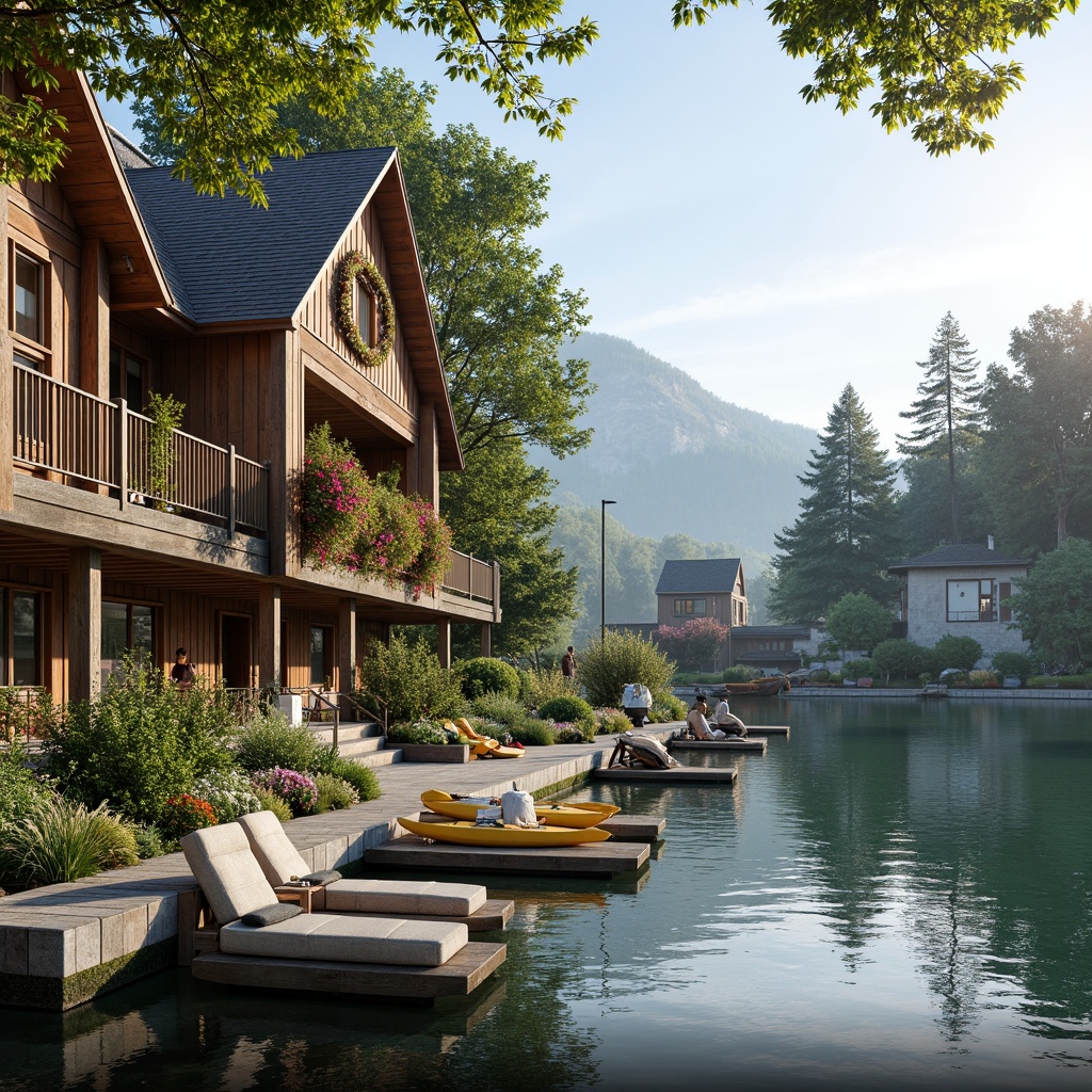 Prompt: Waterfront boathouse, rustic wooden docks, serene lake views, lush greenery, vibrant flowers, natural stone walls, wooden accents, nautical decorations, sailboats, kayaks, paddleboards, tranquil atmosphere, warm sunny day, soft diffused lighting, shallow depth of field, 3/4 composition, panoramic view, realistic textures, ambient occlusion.