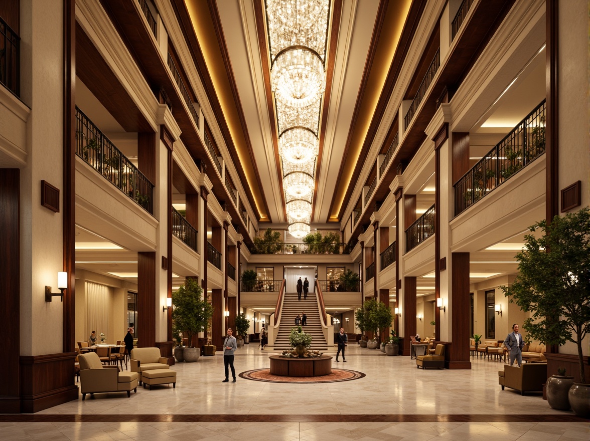 Prompt: Grand hotel lobby, high ceilings, ornate chandeliers, marble floors, symmetrical layout, classical columns, intricate moldings, luxurious furnishings, velvet drapes, golden accents, elegant staircases, spacious ballrooms, crystal chandeliers, refined wood paneling, sophisticated color palette, soft warm lighting, shallow depth of field, 1/1 composition, realistic textures, ambient occlusion.