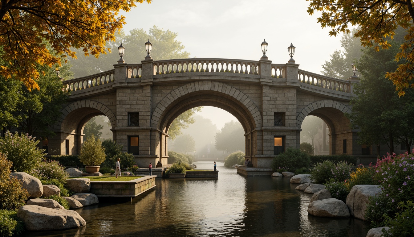 Prompt: Ancient stone bridges, ornate balustrades, rustic arches, weathered stonework, moss-covered piers, tranquil water reflections, serene riverbanks, lush greenery, vibrant flowers, historic lamp posts, decorative ironwork, grandiose entranceways, symmetrical composition, warm golden lighting, soft misty atmosphere, 1/2 composition, realistic textures, ambient occlusion.