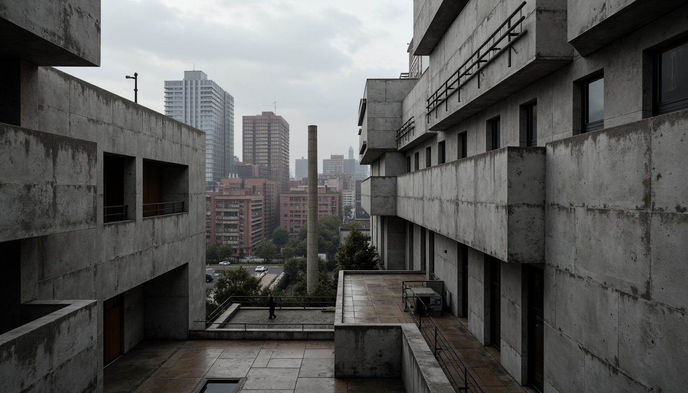 Prompt: Exposed concrete walls, rugged textures, industrial pipes, raw steel beams, minimalist balconies, brutalist architecture, urban cityscape, gloomy overcast sky, dramatic shadows, high-contrast lighting, bold geometric forms, functional simplicity, distressed finishes, poured-in-place concrete, cold monochromatic color palette, 1/1 composition, low-angle shot, cinematic atmosphere, gritty realistic textures.