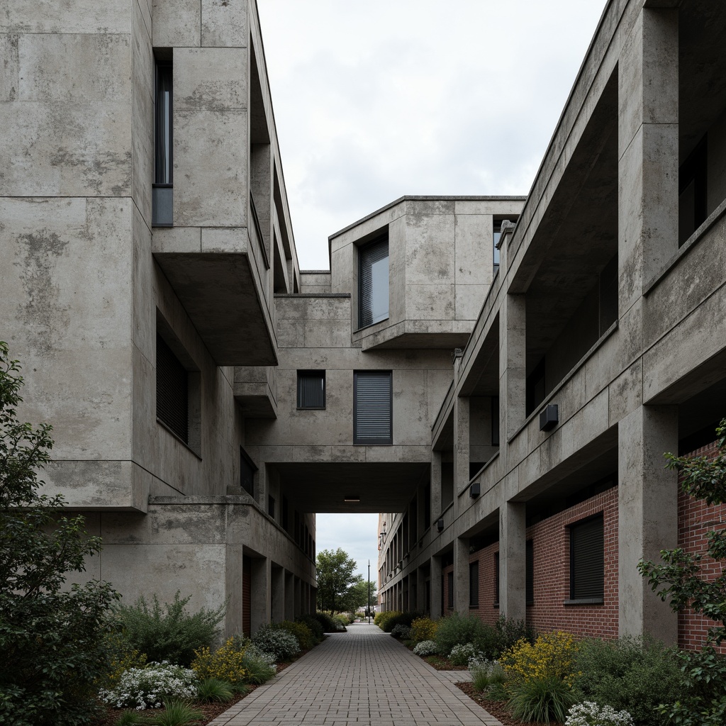 Prompt: Rough-hewn concrete walls, exposed ductwork, industrial metal beams, weathered steel surfaces, raw brick facades, rugged stone foundations, brutalist fortress-like structures, dramatic cantilevered roofs, angular geometric forms, monolithic monumental scale, harsh urban landscapes, overcast skies, diffused natural light, high-contrast shadows, gritty realistic textures, detailed normal maps, ambient occlusion.